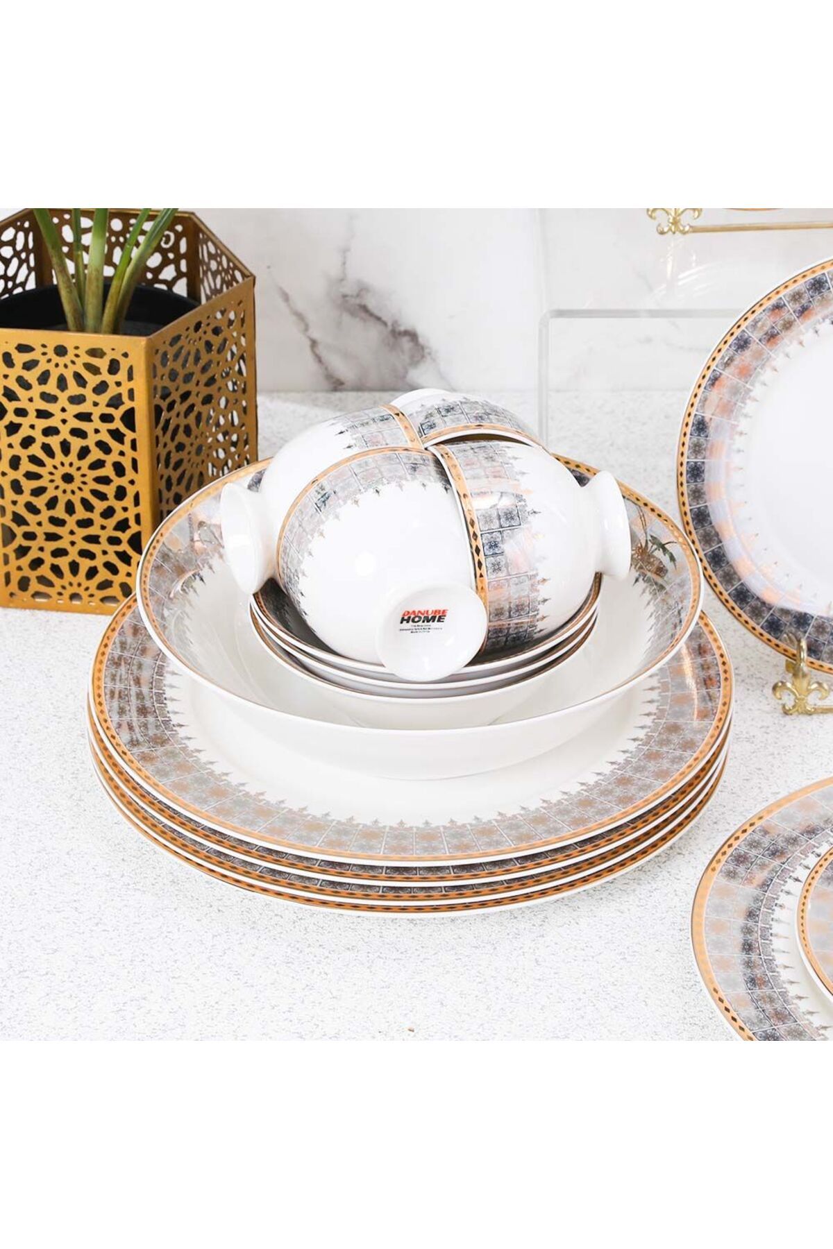 Danube Home-Charlotte 32-Piece New Bone China Dinner Set -Serves 6 Gold 2