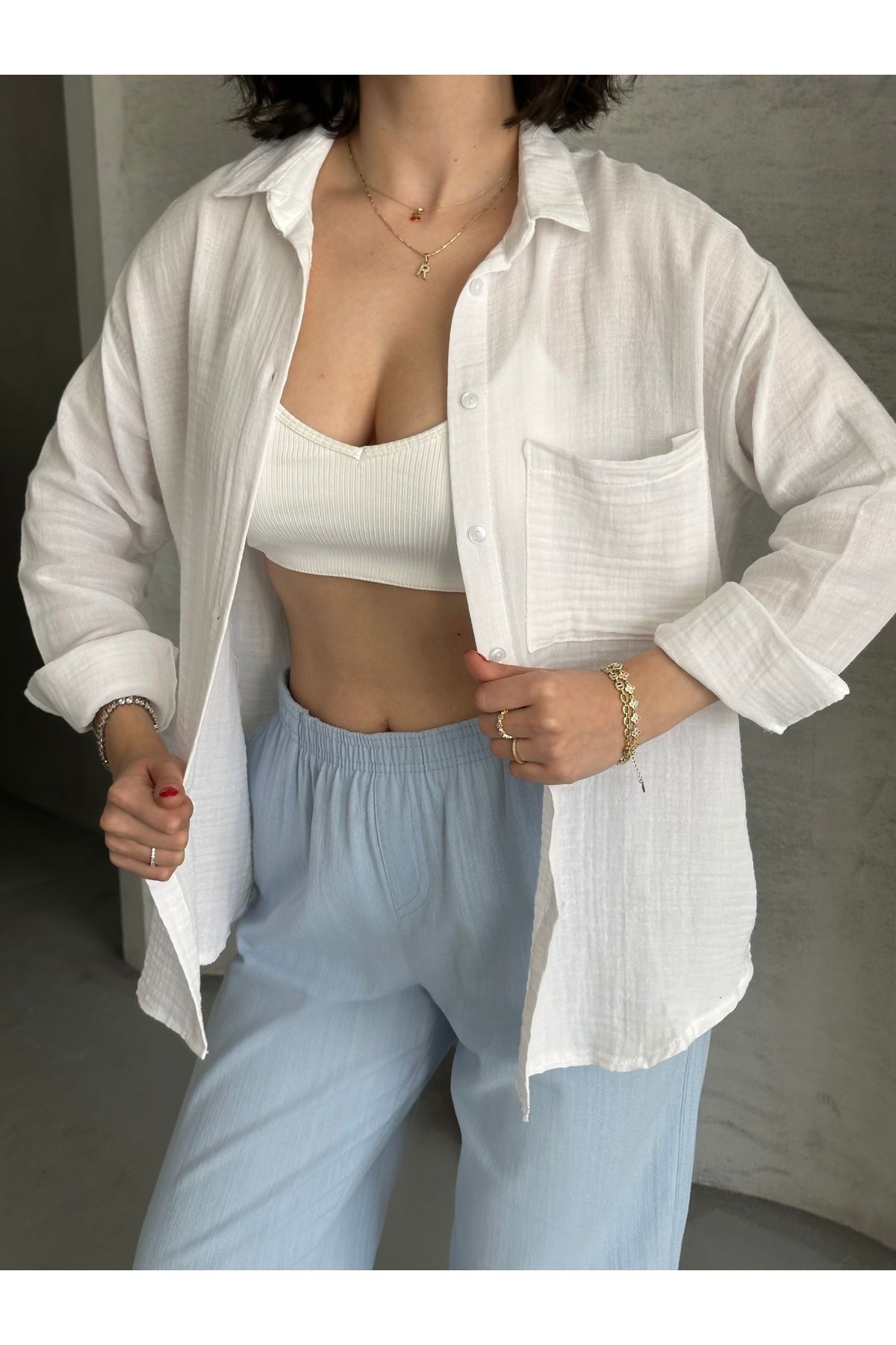 Moda Palmiss Kadın Beyaz Müslin Kumaş Oversize Gömlek