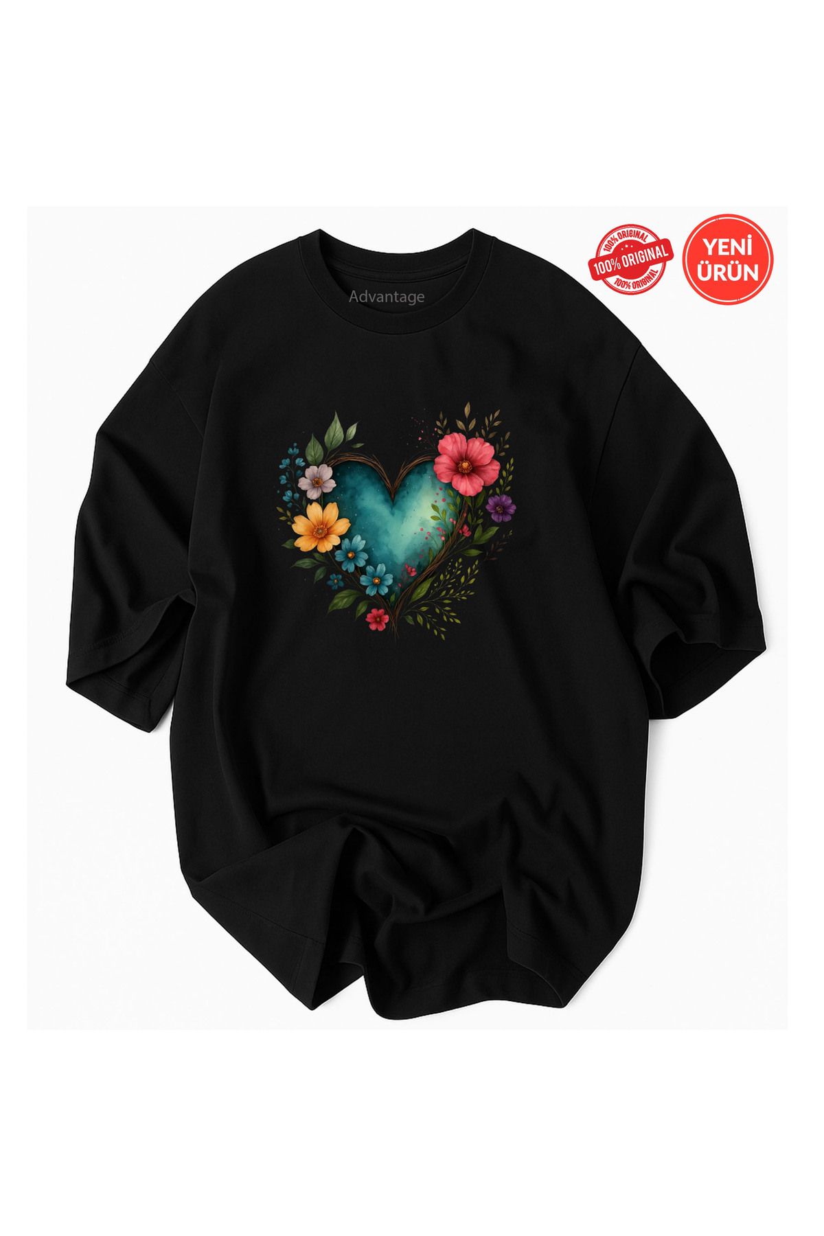 Advantage Yeni Trend Kadın Çiçek Kalp Desenli %100 Pamuklu Premium T-Shirt