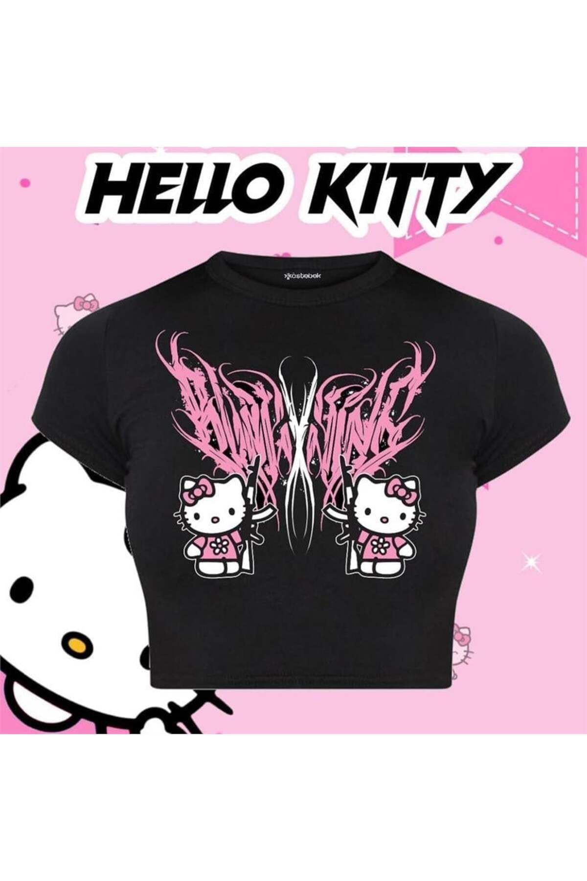 BALİNA Siyah Gothic Hello Kitty Militant Yarım T-Shirt -ALH