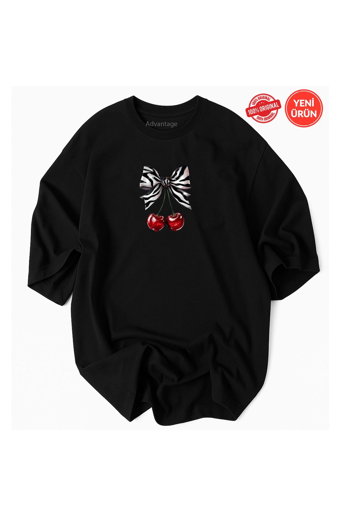 Advantage Kadın Fiyonk Kiraz Desenli %100 Pamuklu Premium T-Shirt