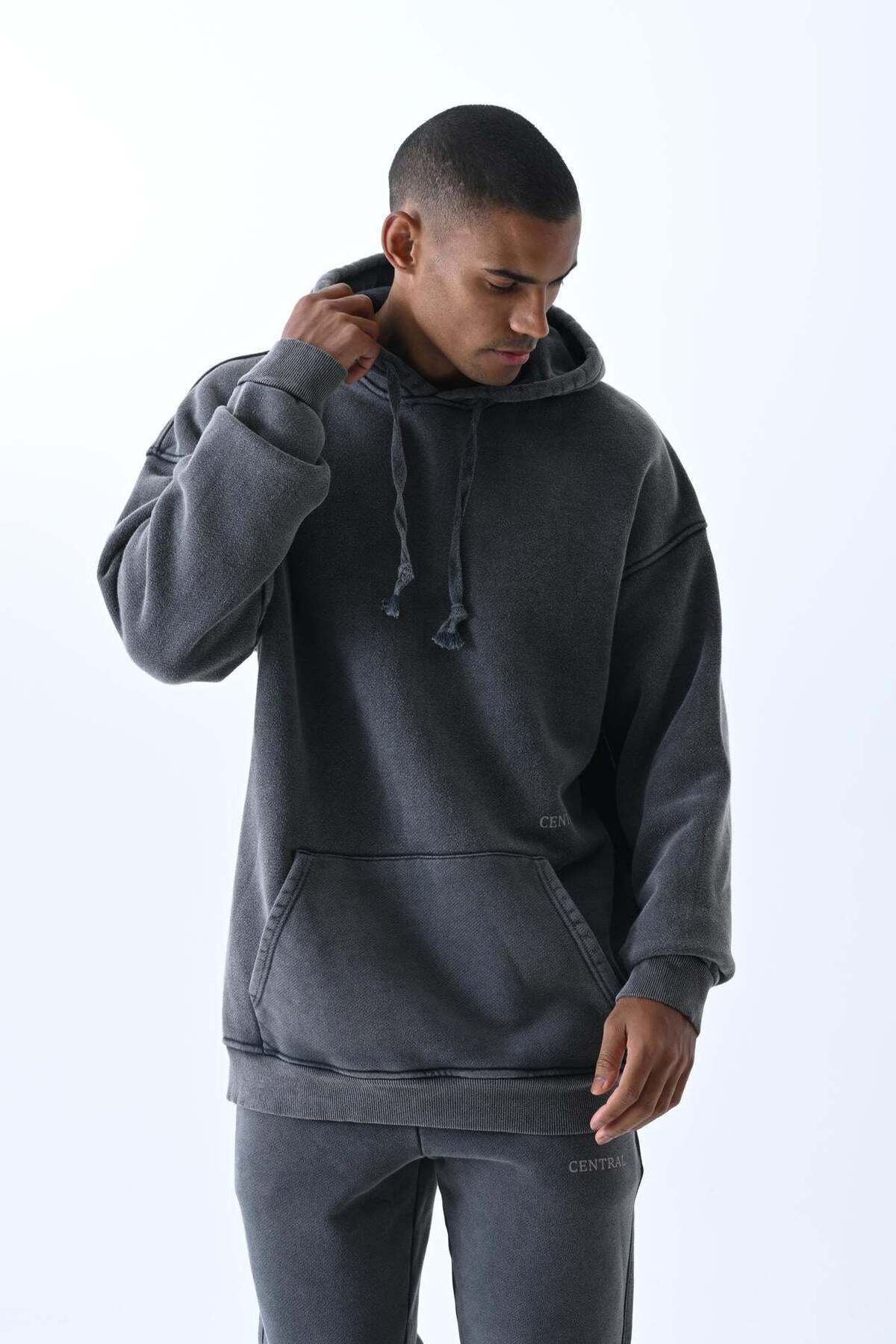 jaceyjace Yıkamalı Kumaş Kapüşonlu Sweatshirt - Antrasit