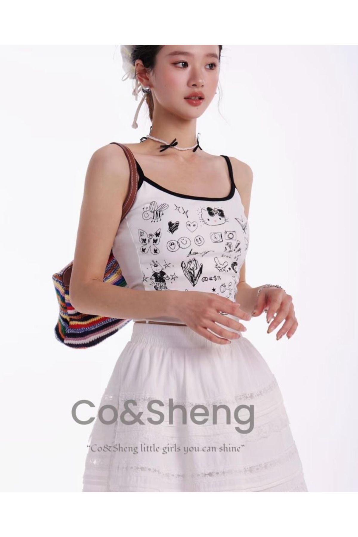 Gofeel Cute Hello Cat Askılı Siyah Crop