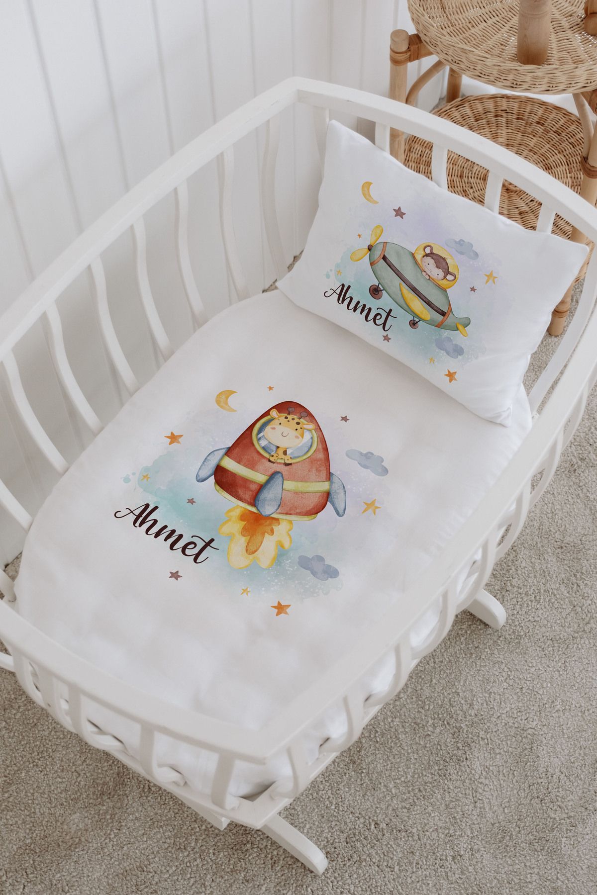 Messido %100 Pamuk Saten Baskılı Desenli Anne Yanı Beşik Nevresim Takımı 60x100 cm M-012
