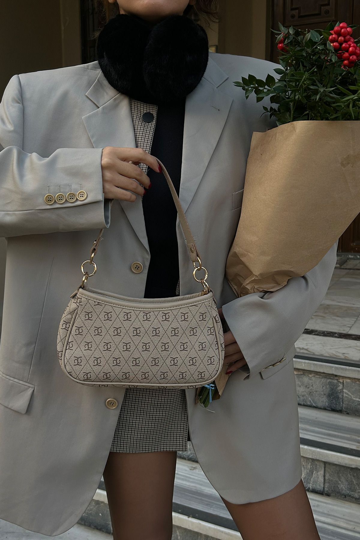 KARAN ÇANTA Farme Monogram Bej Baget Ve Çapraz Çanta