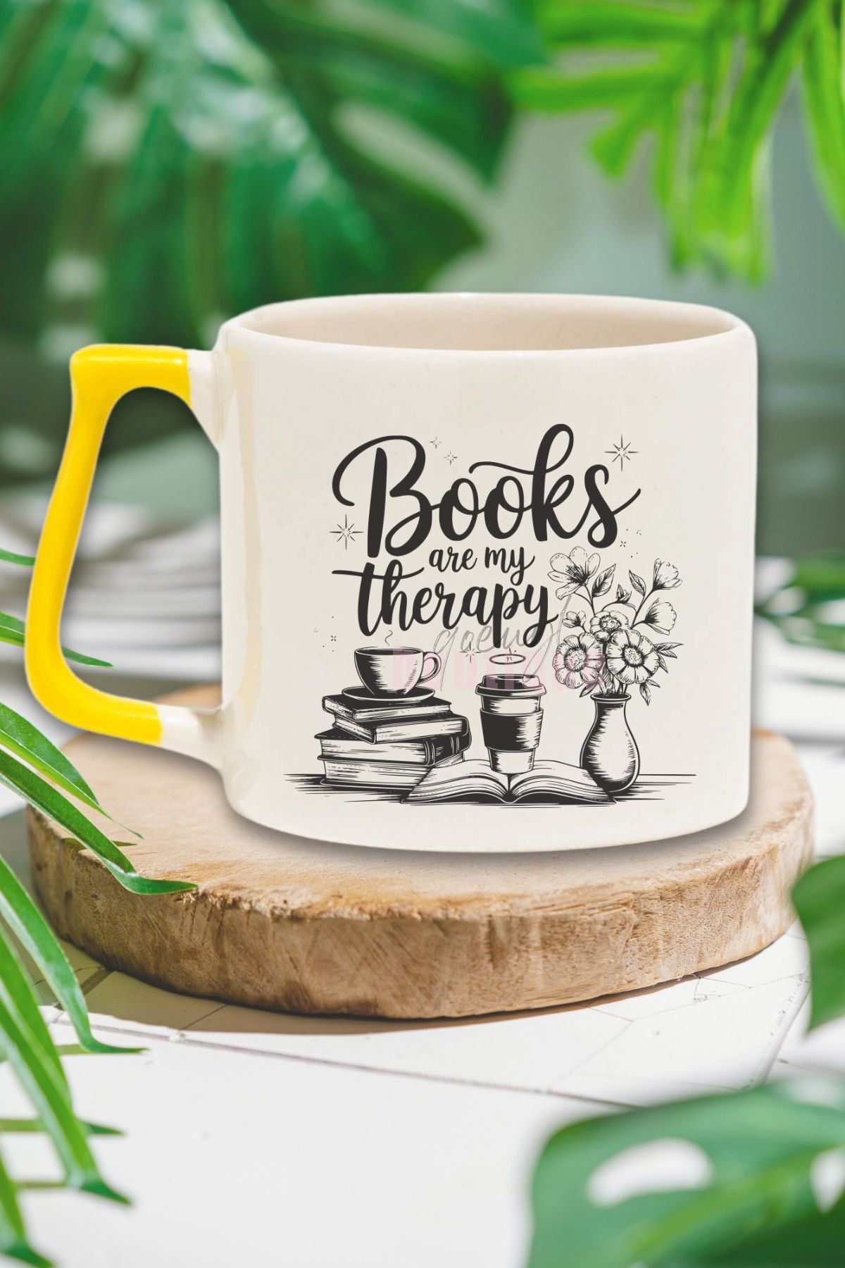 qoeuyl boutique Books Are My Therapy Yazılı Kitap Benim Terapim Mottosu Hediyelik Sarı Kulplu Kupa Bardak