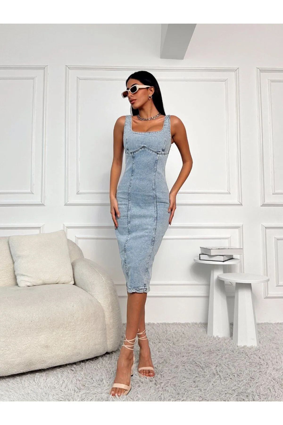 VOLT CLOTHİNG Kadın Midi Boy Yırtmaçlı Kot Elbise