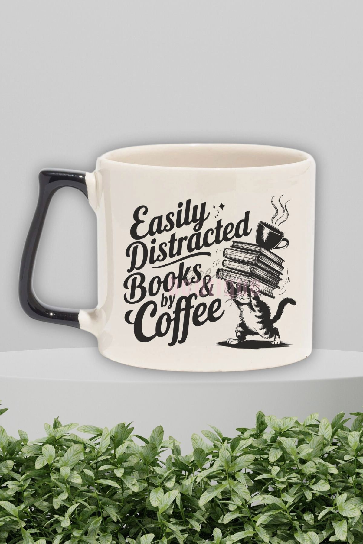 qoeuyl boutique Easily Distracted By Books & Coffee Yazılı Kitap Kahve Sever Hediyelik Siyah Kulplu Kupa Bardak