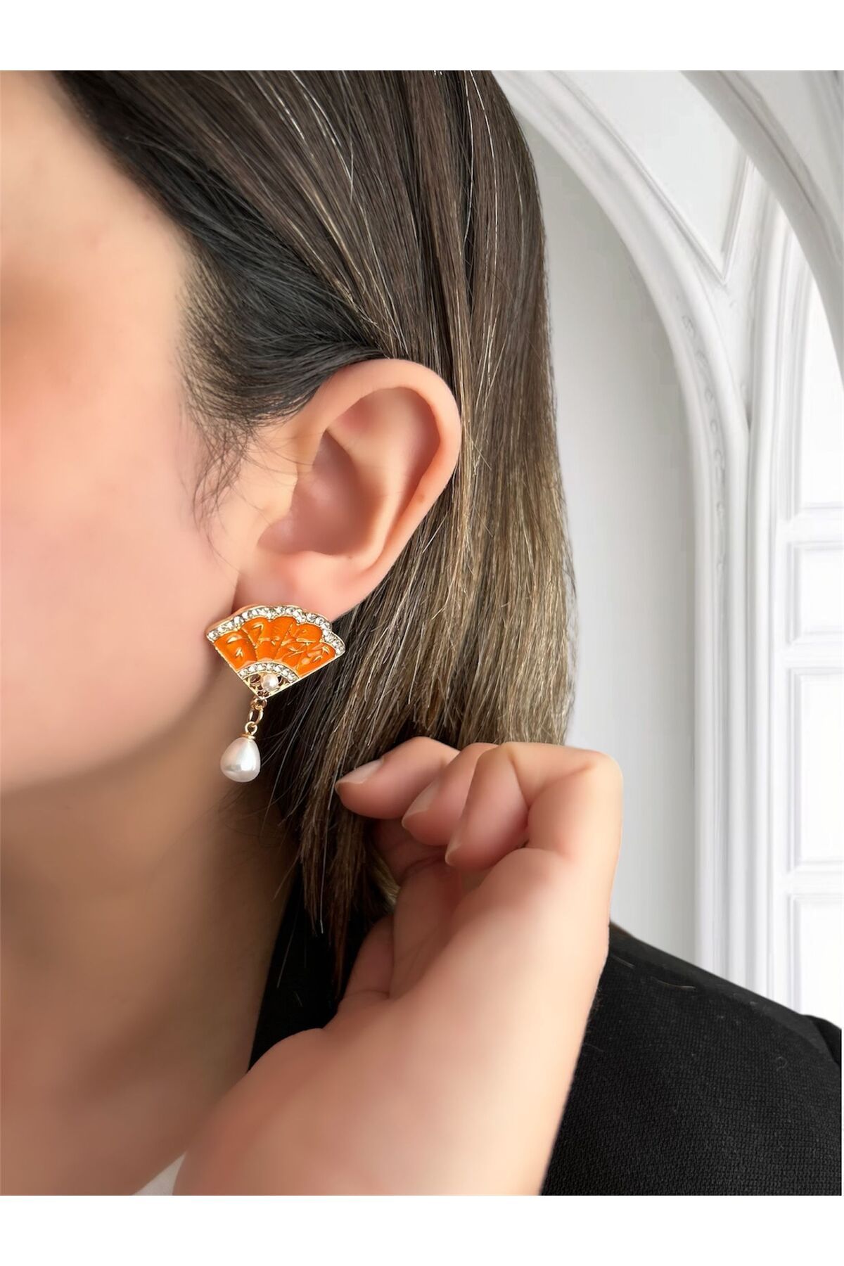 ecekypnrjewelry PASLANMAZ ÇELİK TURUNCU YELPAZE KÜPE