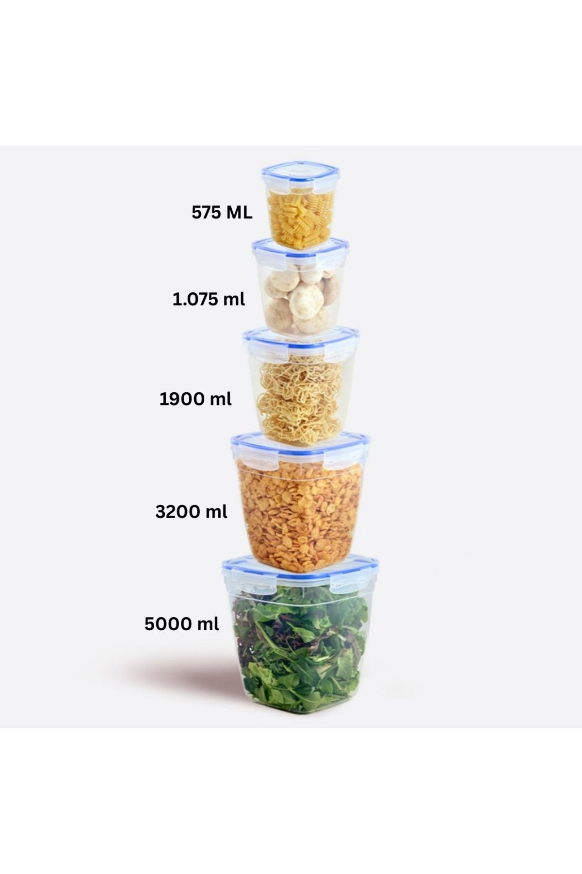 ELDİPA 5'li Contalı Kare Saklama Kabı Seti (0.575L - 1.075L - 1.9L - 3.2L - 5L) BPA’sız Premium Plastik