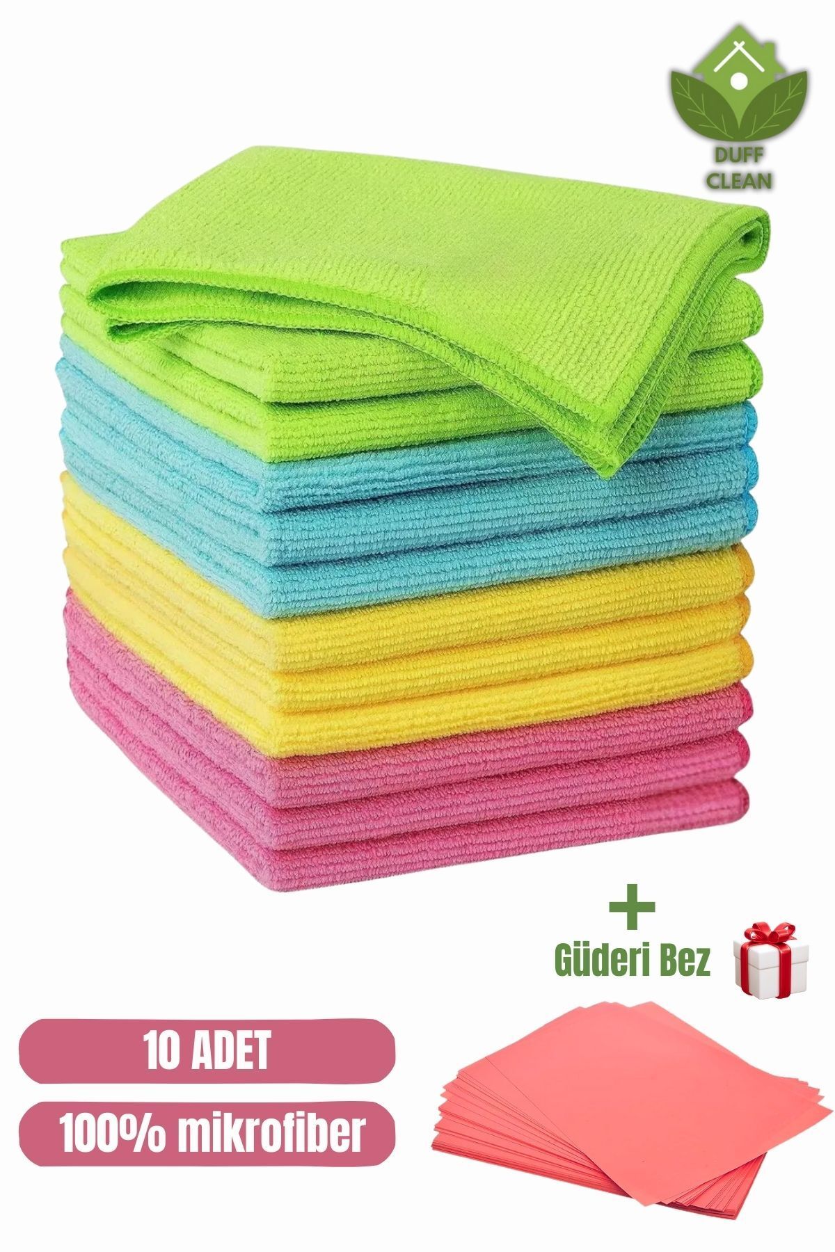 DUFF CLEAN 10'lu Mikrofiber Bez Mikro Fiber Temizlik Bezi 30 X 30 Cm +1 ADET Güderi Bez hediye