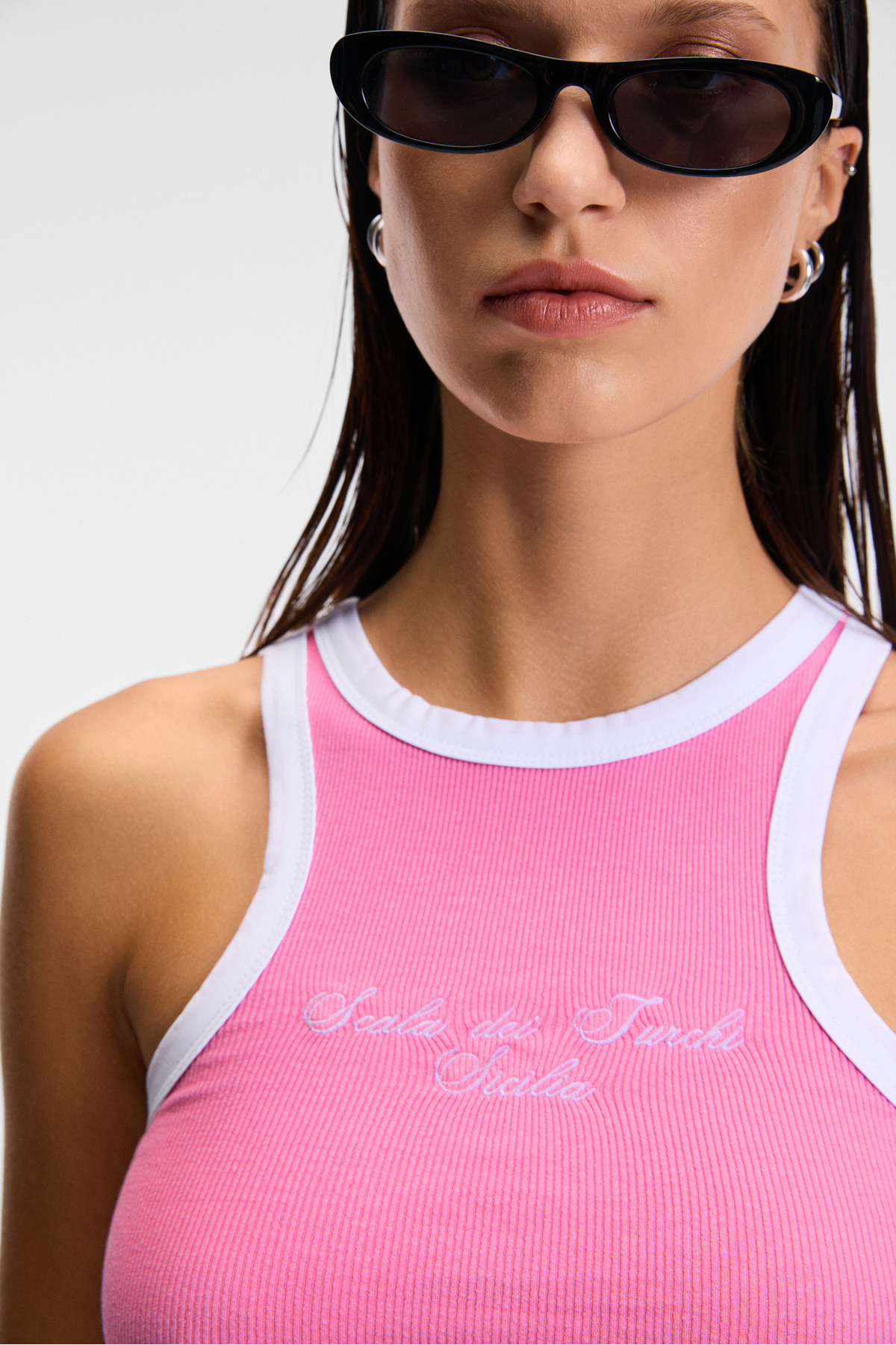GRIMELANGE-Selmıra Women's Embroidered Halter Neck Slim Fit Sleeveless Pink Undershirt 5