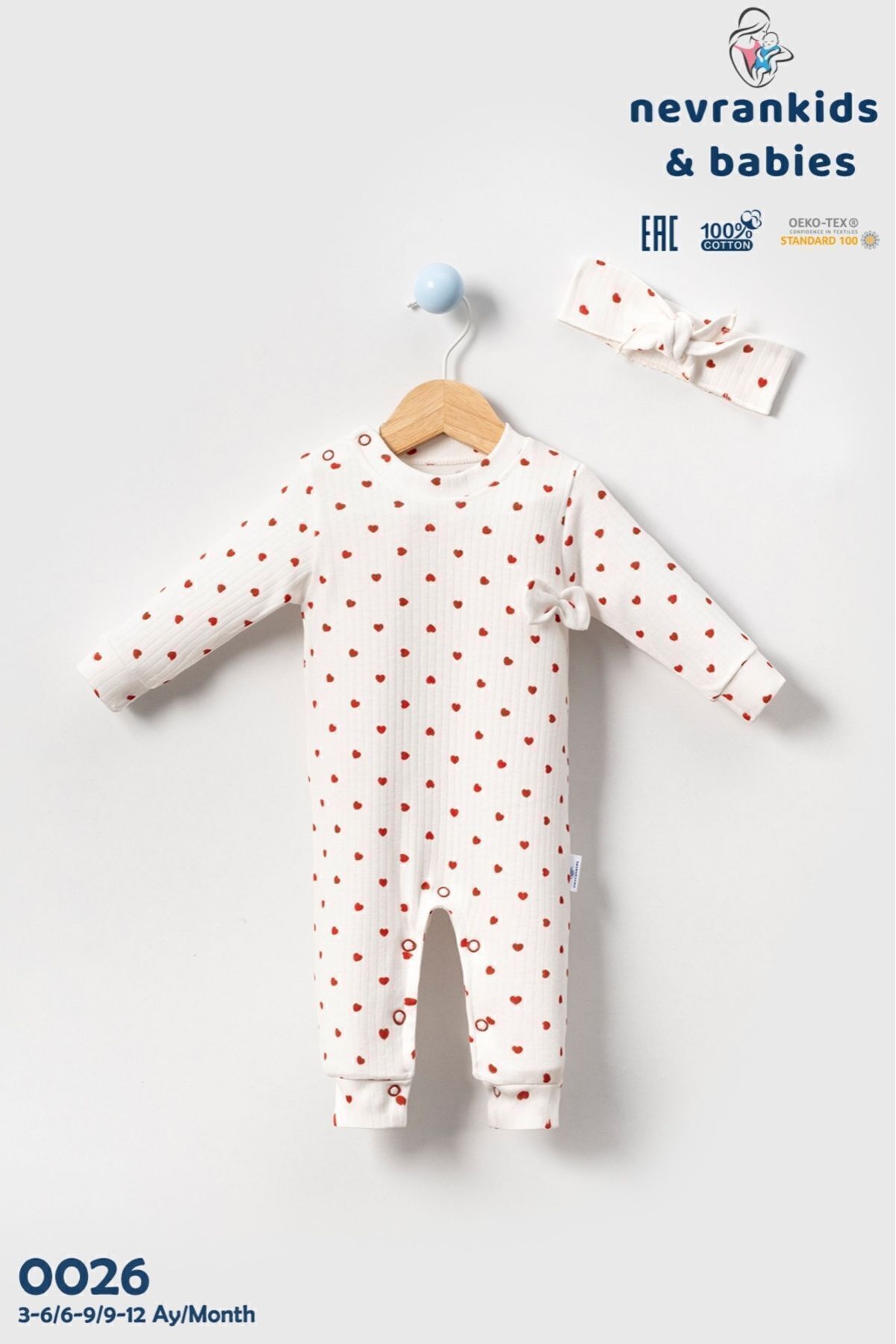 nevrankids Heart Pattern Bandanalı Kız Bebek 2’li Tulum - Ekru fotoğrafı 4 (önizleme)