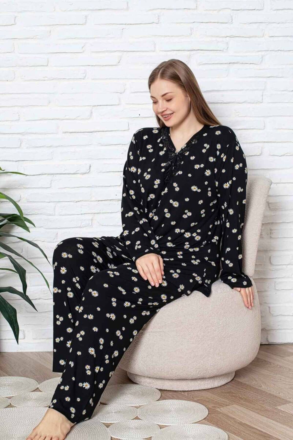 ALİMER-Plus Size Pajama Set - Black Daisy Pattern Long Sleeve Lycra Viscose 2855Uyb 5