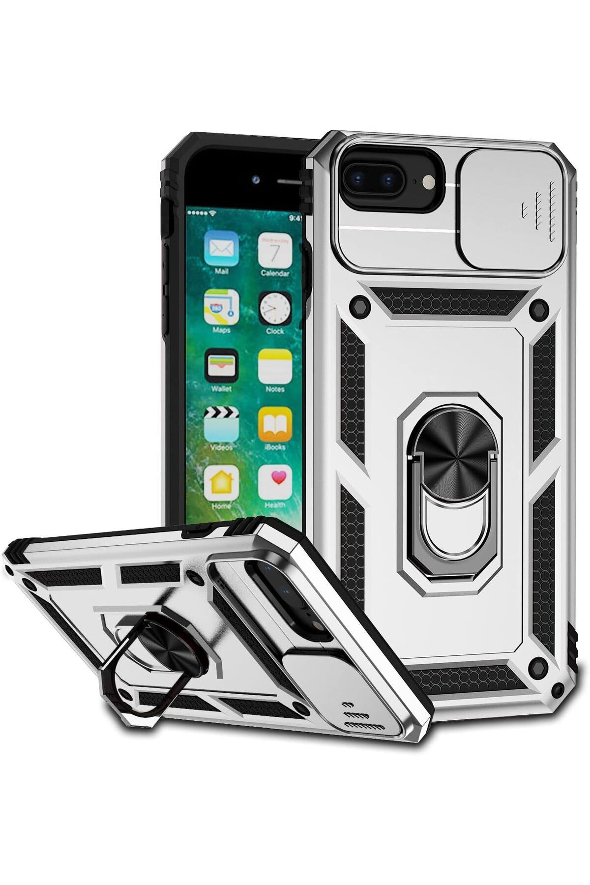 Rivor Apple iPhone 7 Plus & iPhone 8 Plus Kılıf Kamera Sürgülü Standlı Yüzüklü Darbe Emici Zırh Kapak