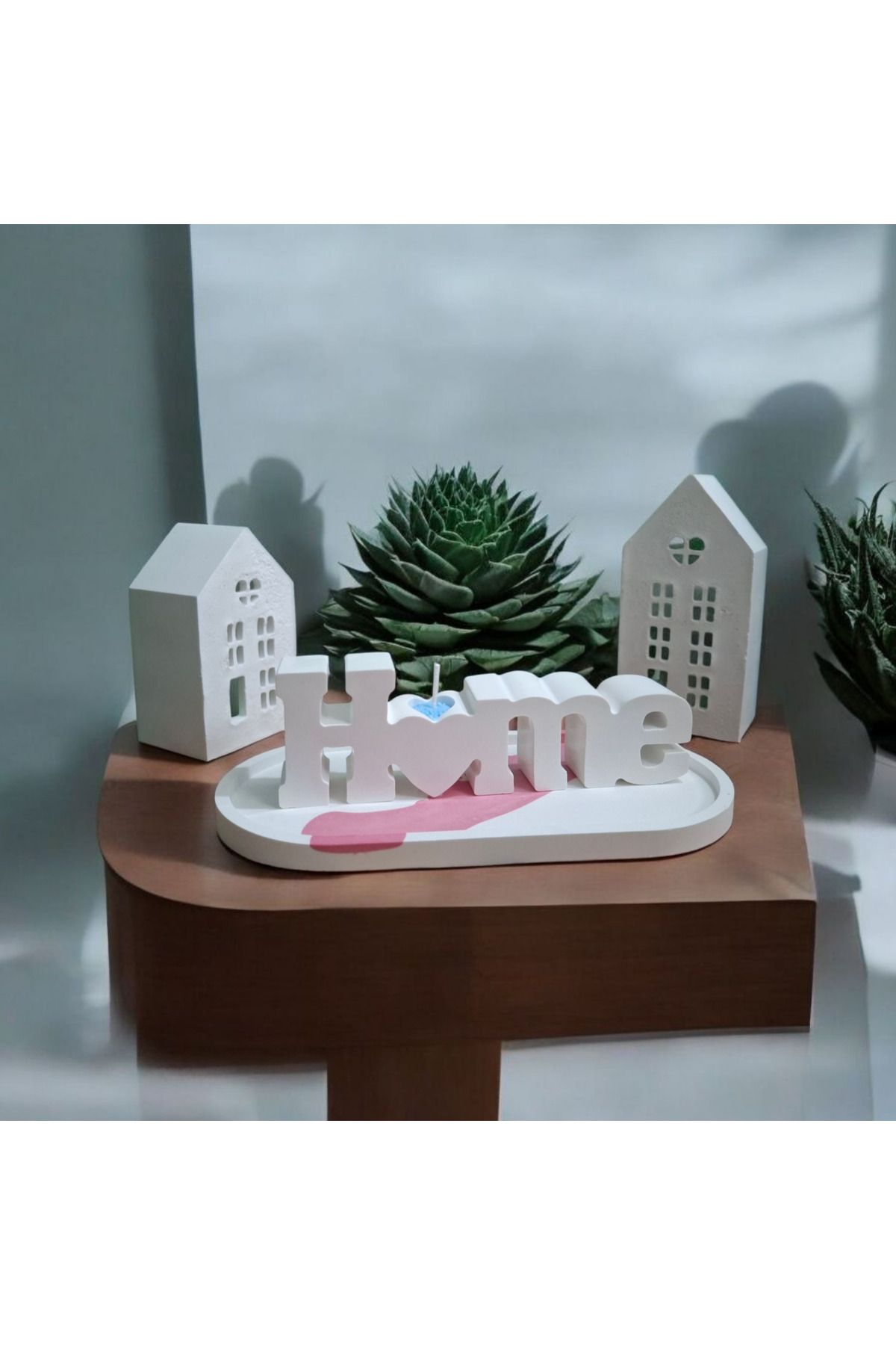 YILDIZ DECOR 4 Parça 2 Adet Küçük Ve Büyük Ev Mumluk Pembe Desenli Tebsi Üzerine Home Yazılı Mumluk
