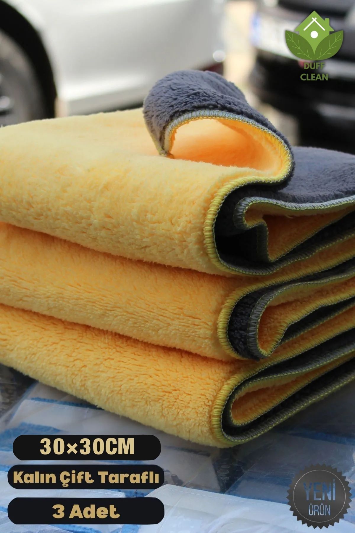 DUFF CLEAN 3 Adet Mikrofiber Biyeli Kalın Çift Taraflı Araç Kurulama Havlusu Ve Cila Bezi 30 X30Cm Sarı-Gri