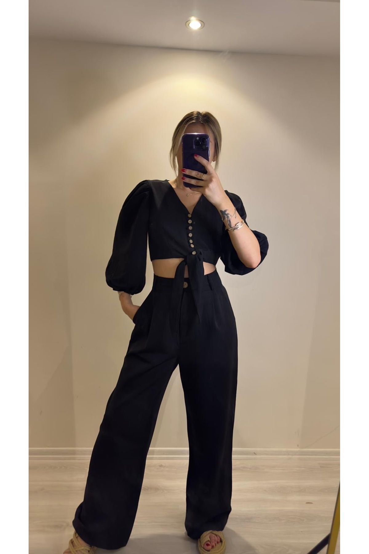 Nihanello Butik Keten siyah alt üst takım