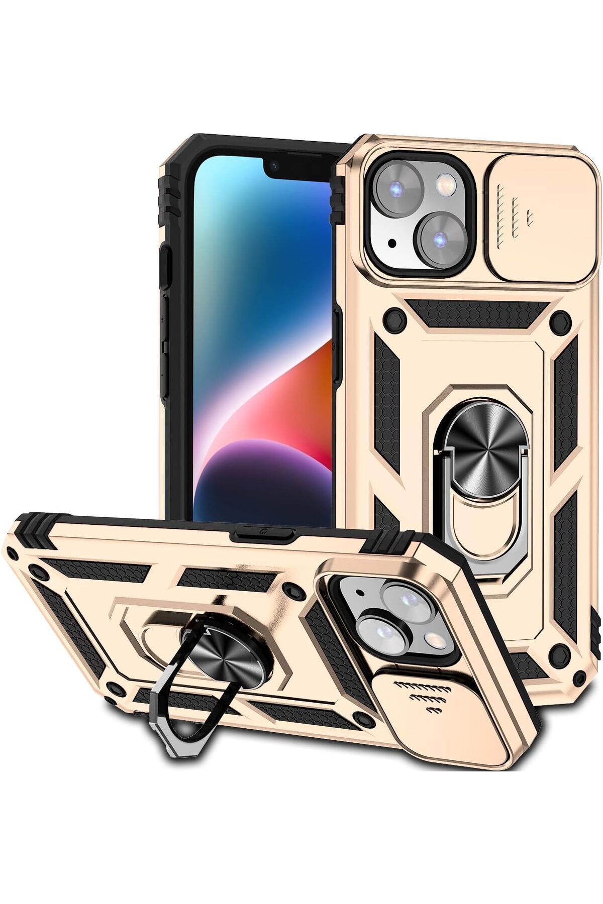 Rivor Apple iPhone 13 & iPhone 14 Kılıf Kamera Sürgülü Standlı Yüzüklü Darbe Emici Zırh Koruyucu Kapak