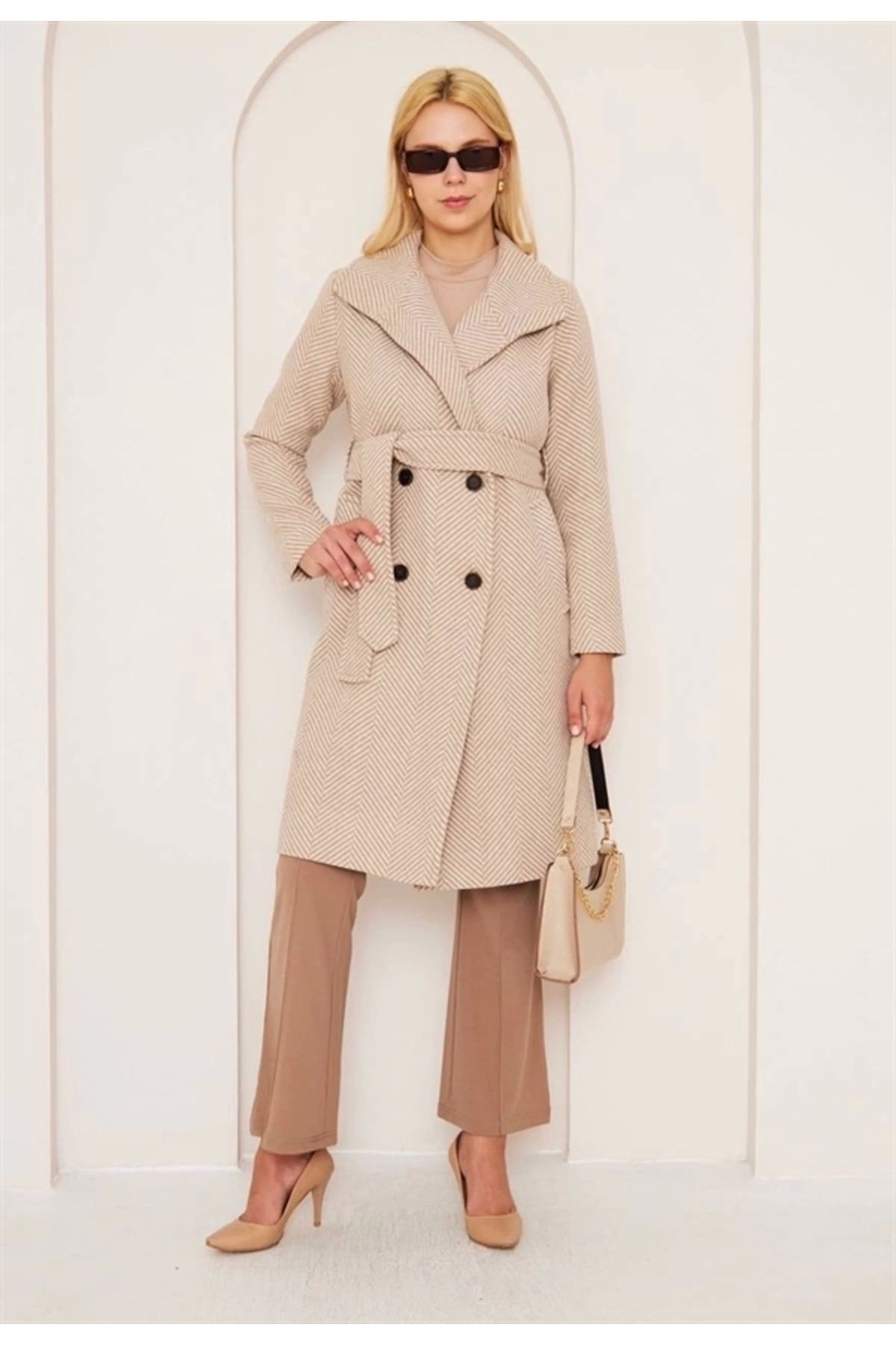 FASHIONLINE Balıksırtı Uzun Kaşe Kaban
