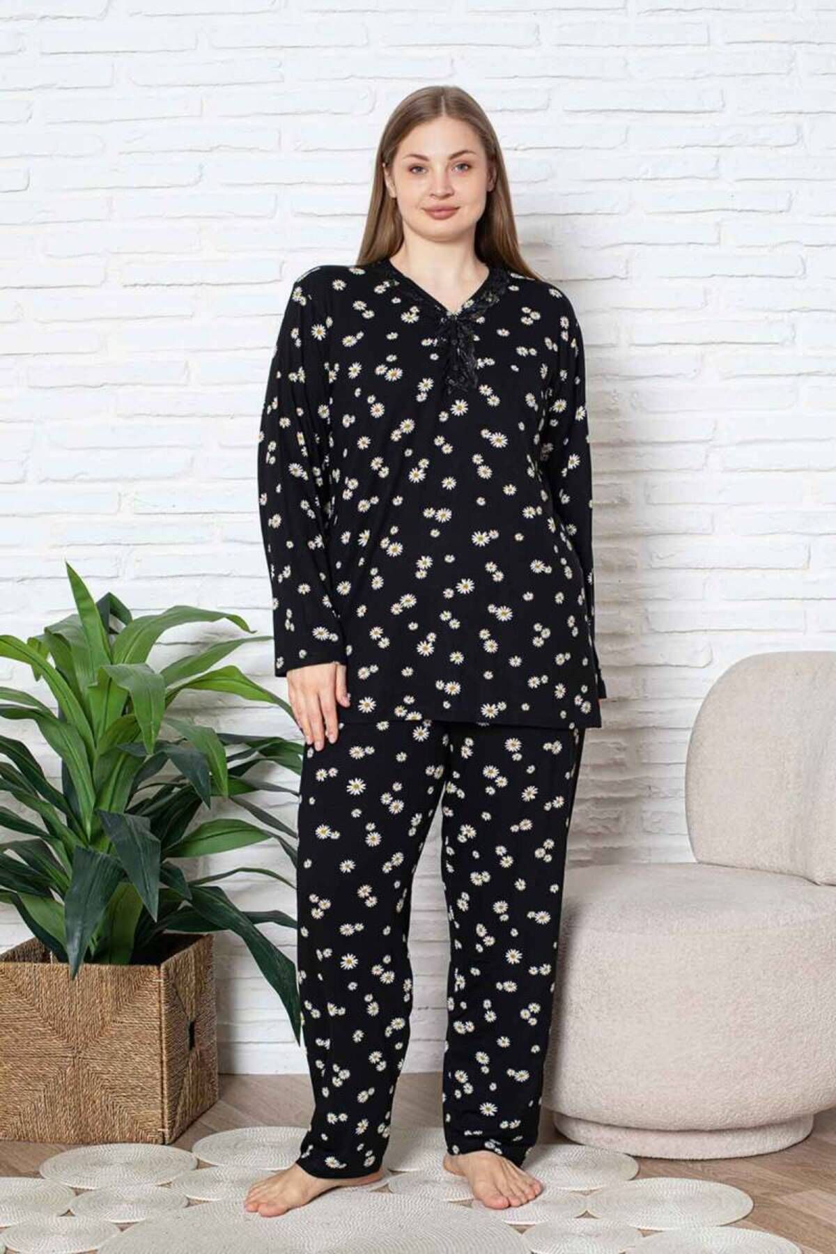 ALİMER Büyük Beden Pijama Takımı - Siyah Papatya Desen Uzun Kol Likralı Viskon 2855UYB