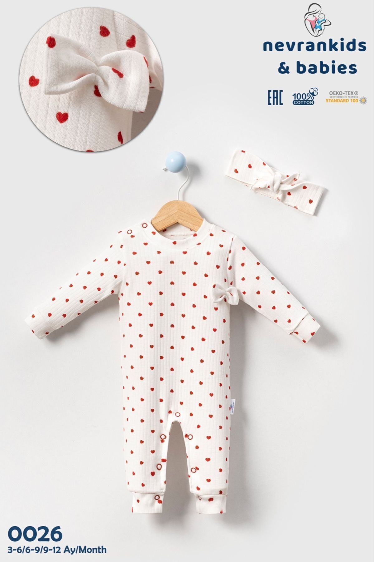 nevrankids Heart Pattern Bandanalı Kız Bebek 2’li Tulum - Ekru fotoğrafı 2 (önizleme)