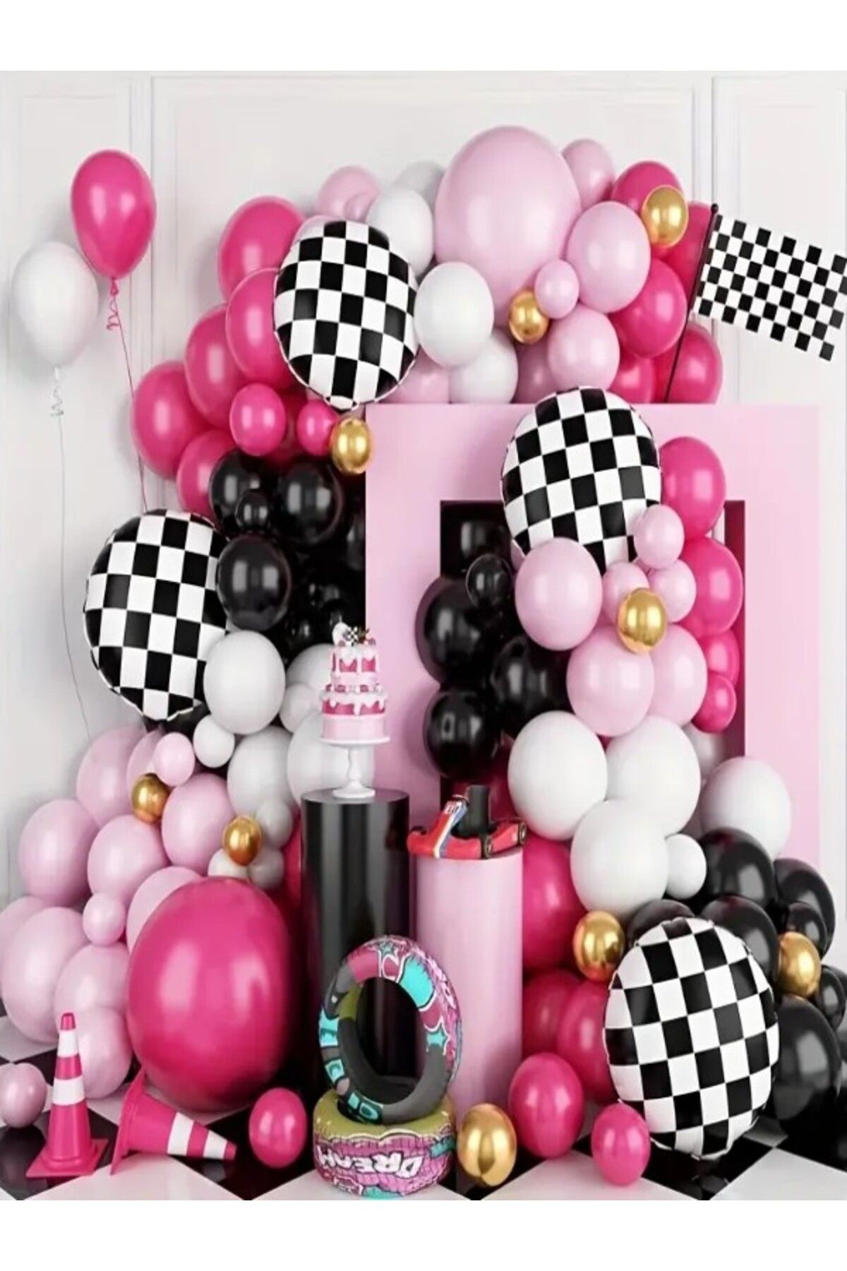 party mix Kız Çocuk Yarış Temalı Doğum Günü Balon Seti - Pembe Siyah Beyaz Altın Detaylı Parti Süsleri