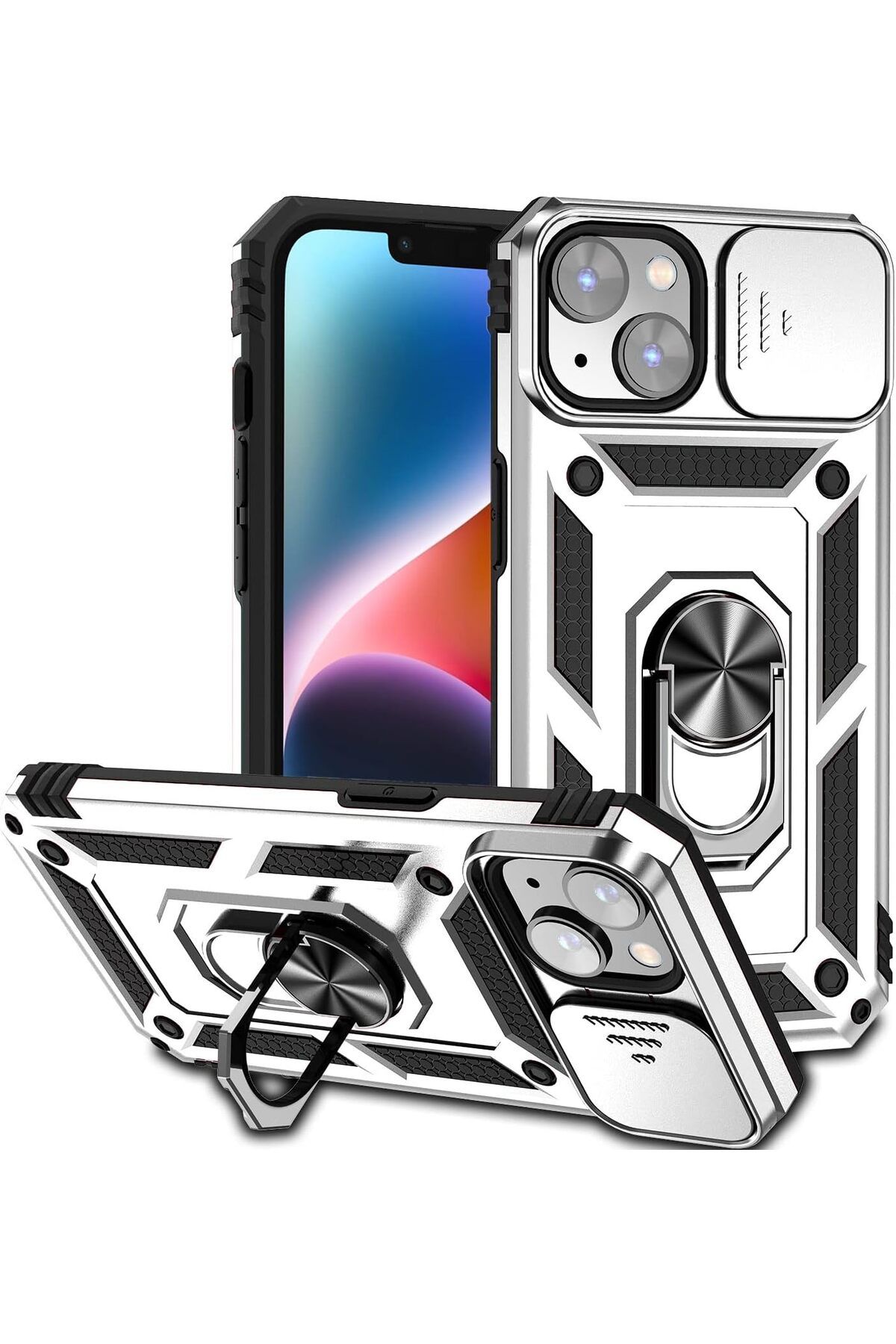 Rivor Apple iPhone 15 Uyumlu Kılıf Kamera Sürgülü Standlı Yüzüklü Darbe Emici Zırh Koruyucu Tank Kapak