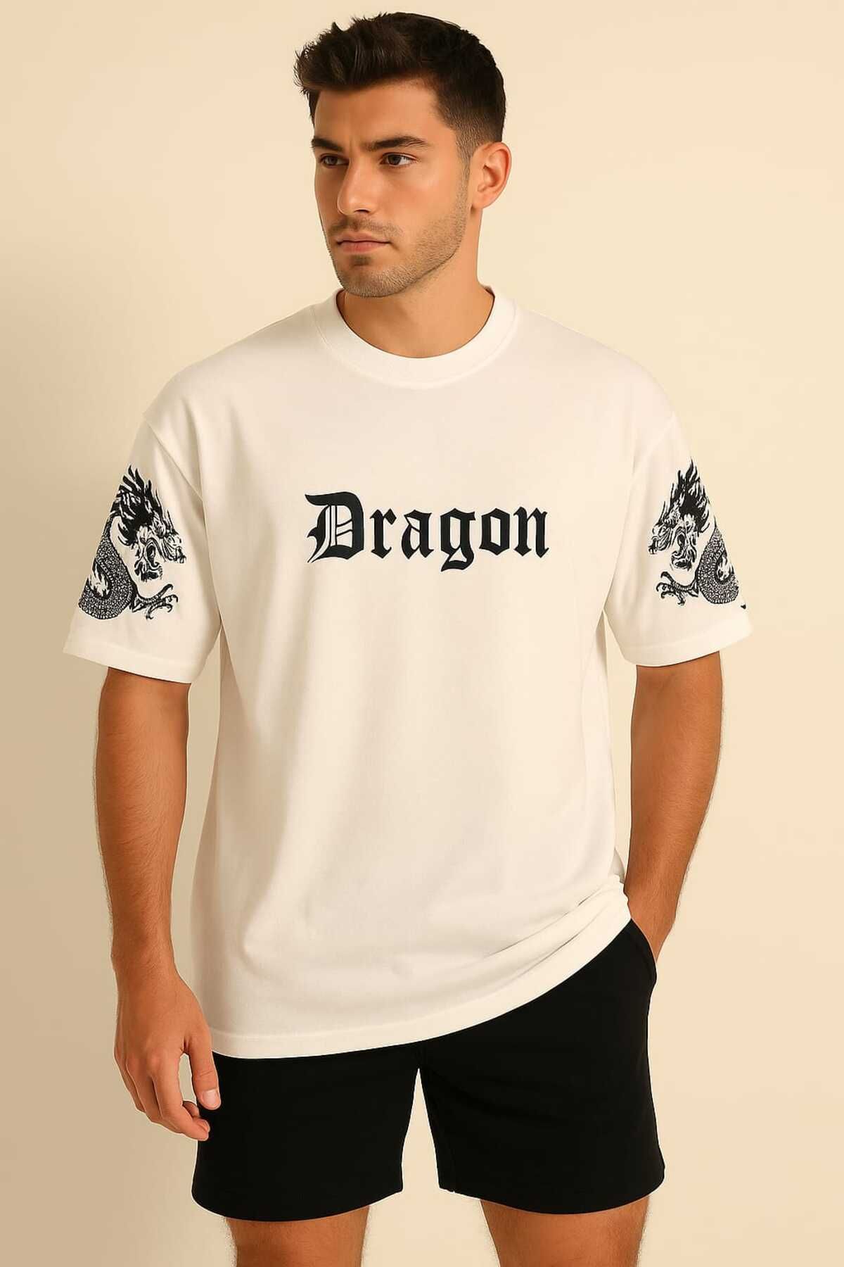 gigigiyim Dragon Baskılı Erkek Tişört Beyaz