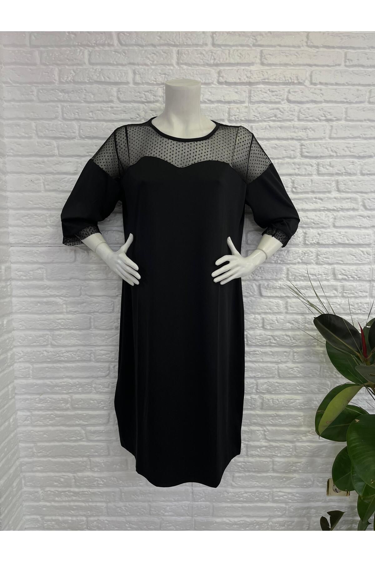 Butik Eylül ,Büyük Beden Yaka Ve Kol Ucu Tül Detaylı Abiye Elbise
