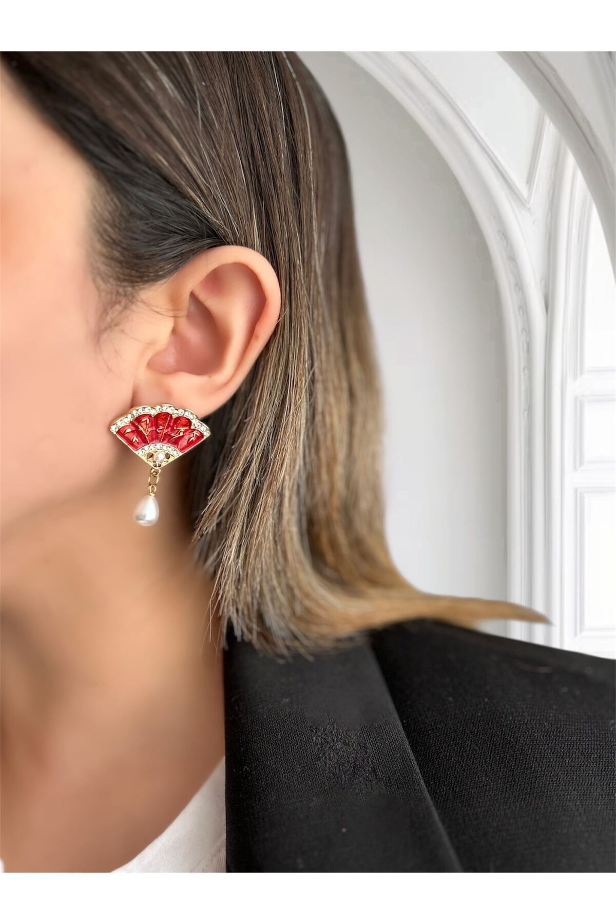 ecekypnrjewelry PASLANMAZ ÇELİK KIRMIZI YELPAZE KÜPE