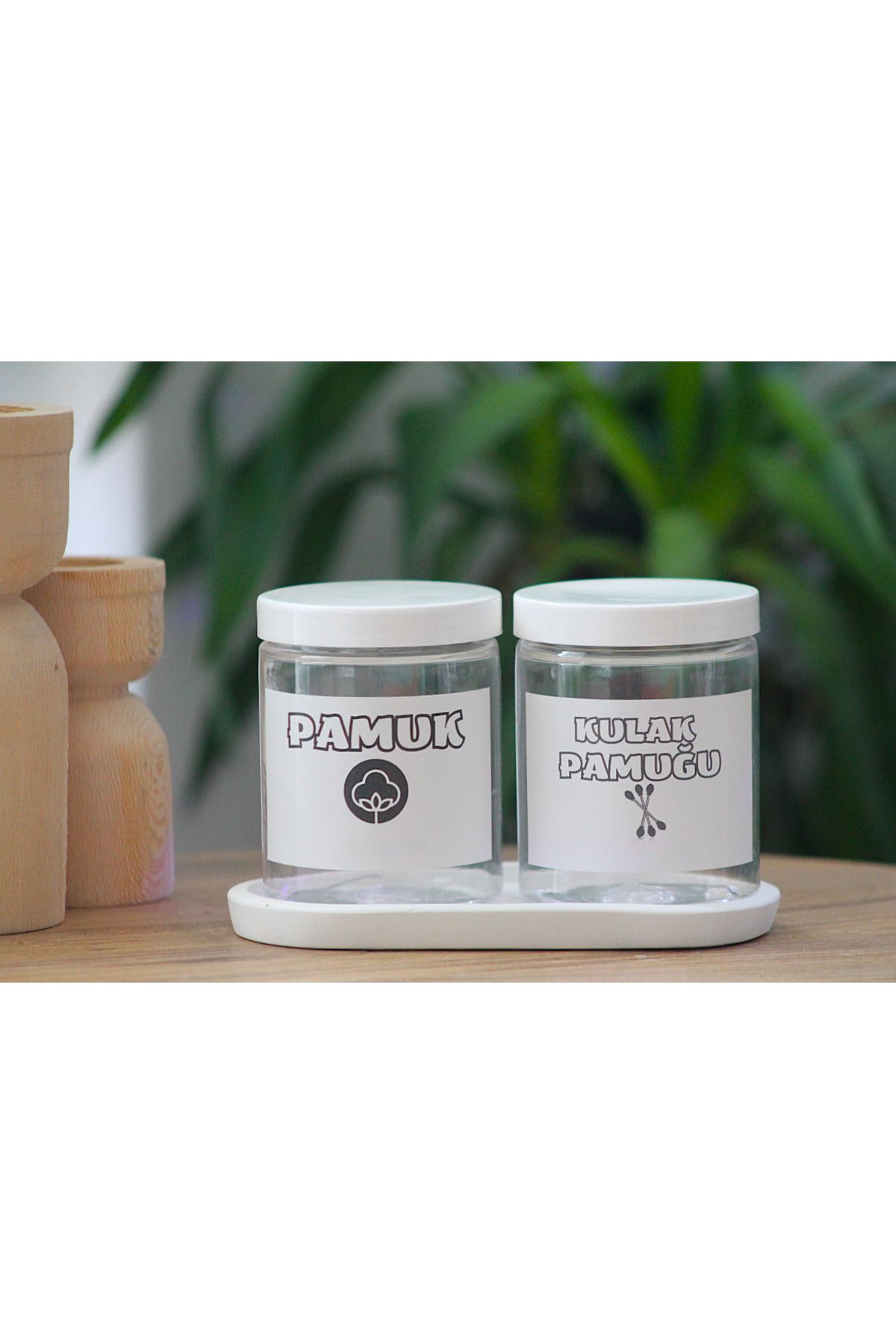 junibeliw 3lü Set Boş Şeffaf Plastik Banyo Düzenleyici Kulak Pamuğu Pamuk Etiketli Kavanoz 300ml+Altlık
