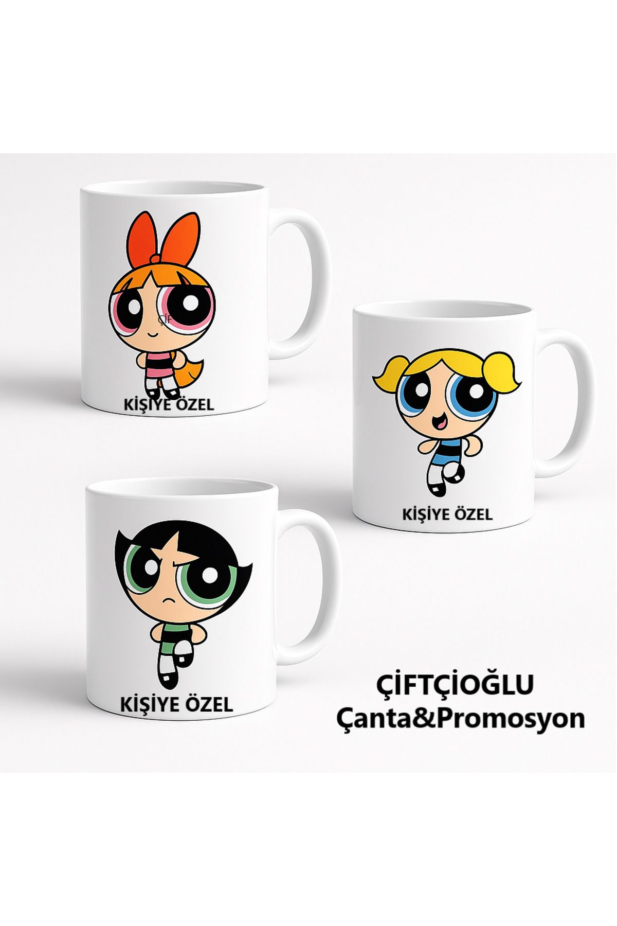 çiftçioğlu Kişiye Özel İsim Yazılı Powerpuff Girls Baskılı 3'lü Porselen Kupa Seti
