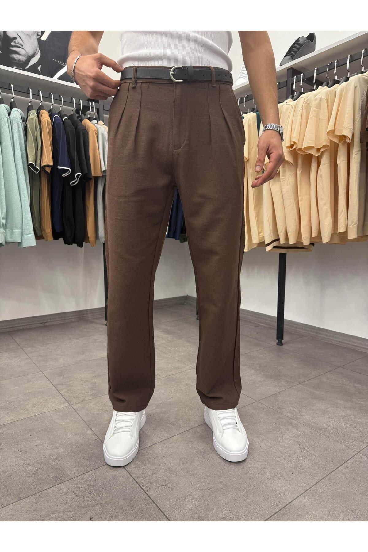 Butik Pileli Baggy Keten Pantolon Kahverengi