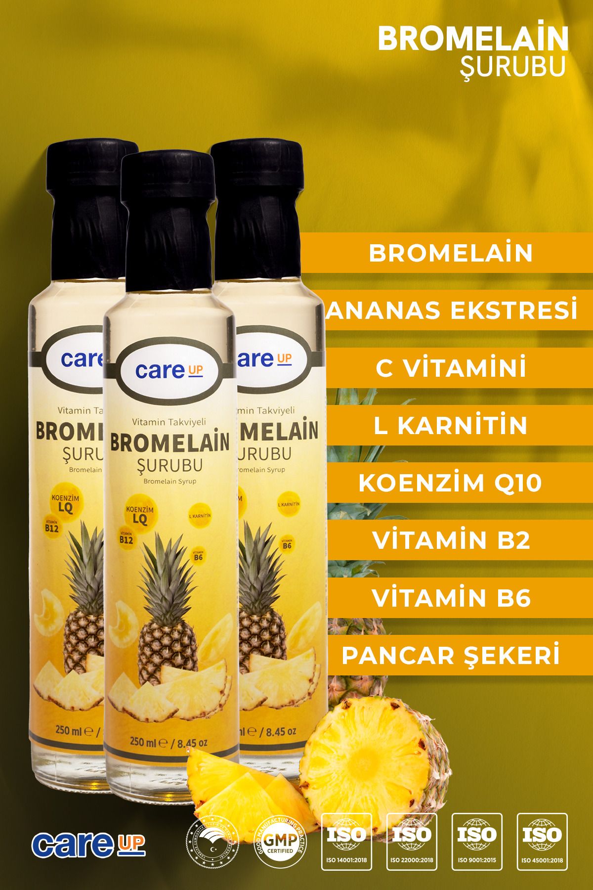 careup Bromelain Ananas Koenzim Q10 ve L Karnitin İçeren Detox Şurubu 250 ml X 3 Adet