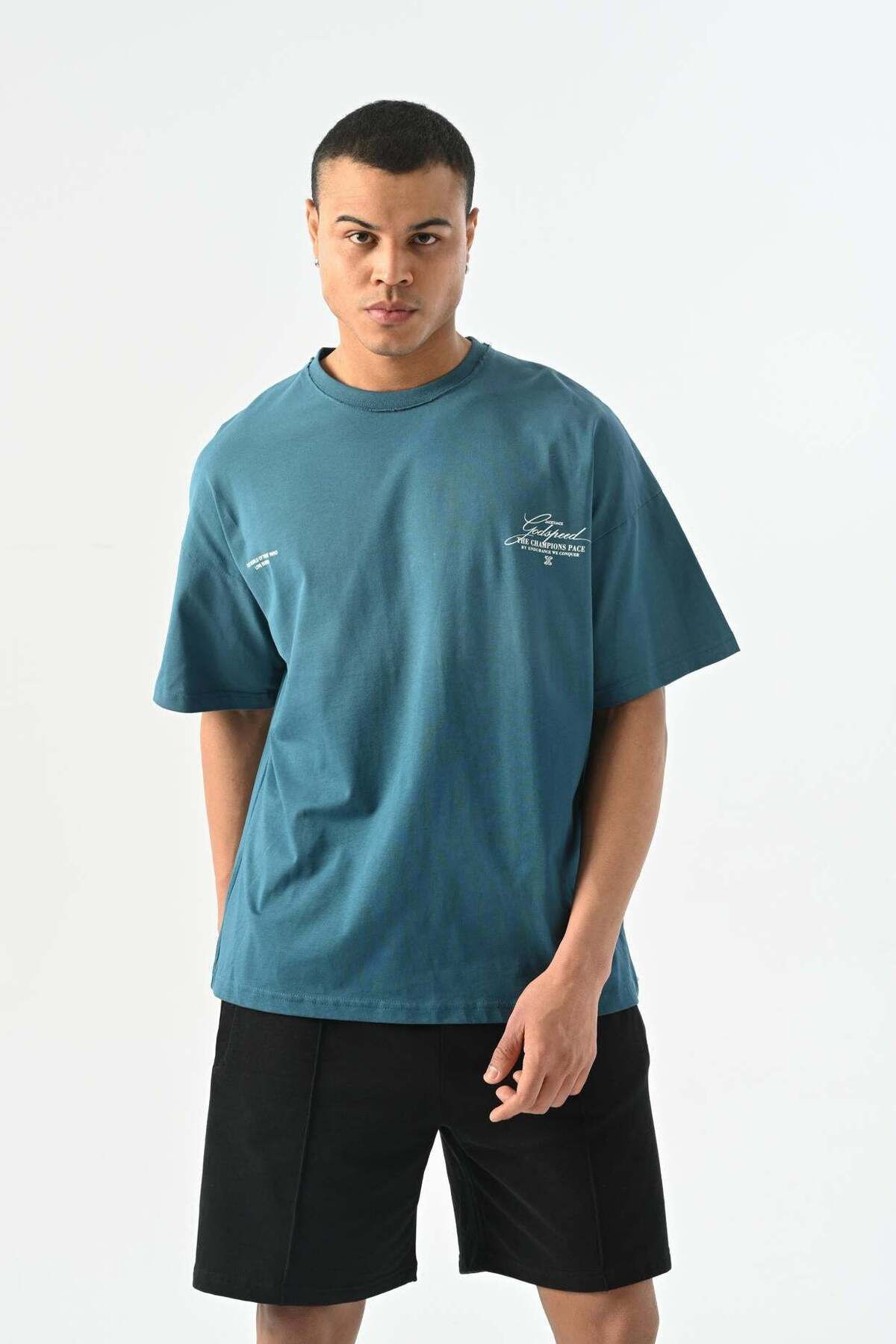 jaceyjace The World Sprey Desen T-shirt - Petrol Mavisi