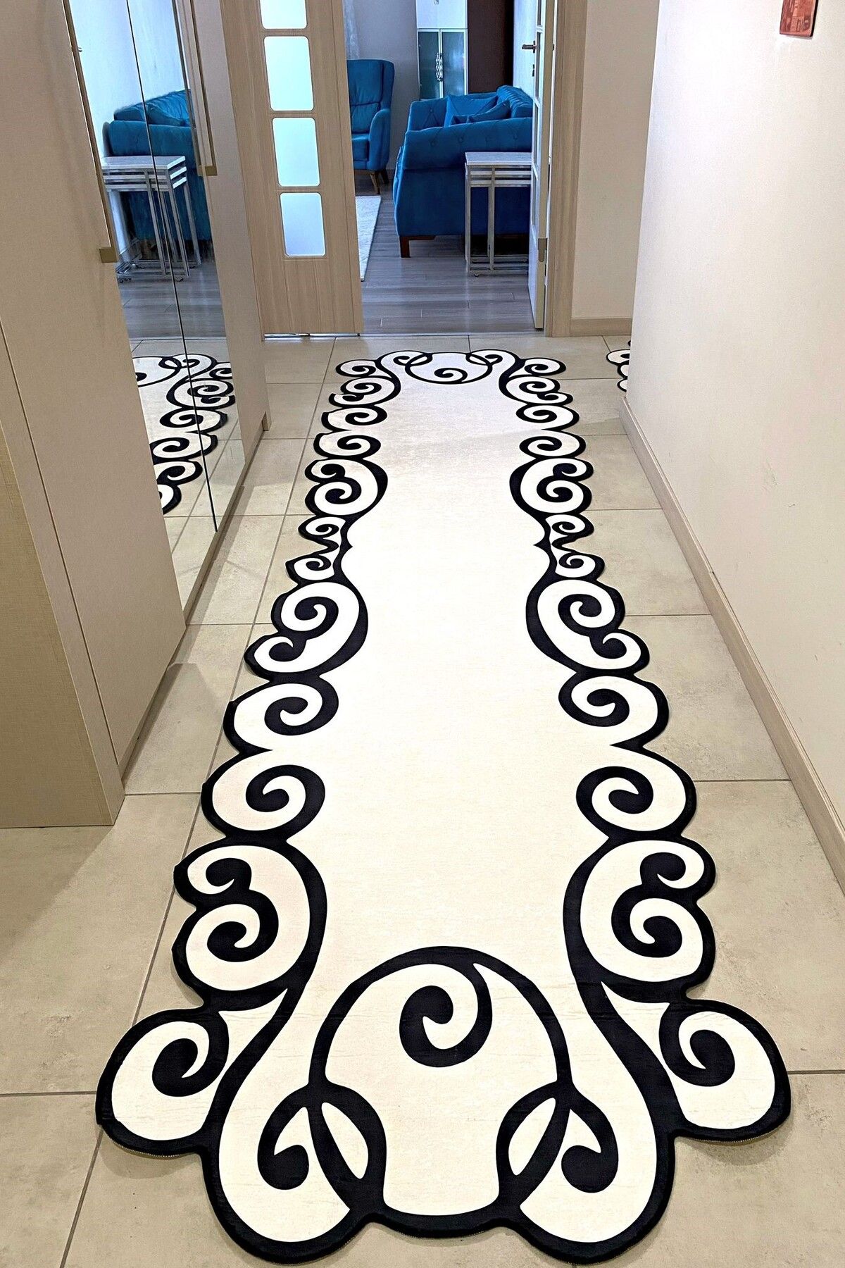 CENTER AVM Lazer Kesim Beyaz Siyah Yolluk Makinede Yıkanabilir Kaymaz Taban Yolluk
