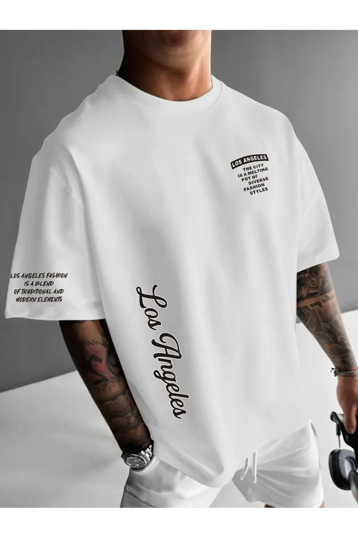 LAND MODA Los Angeles Mektup Baskılı T-shirt, Rahat Bol Kesim Polyester Tişört, Yuvarlak Yaka,