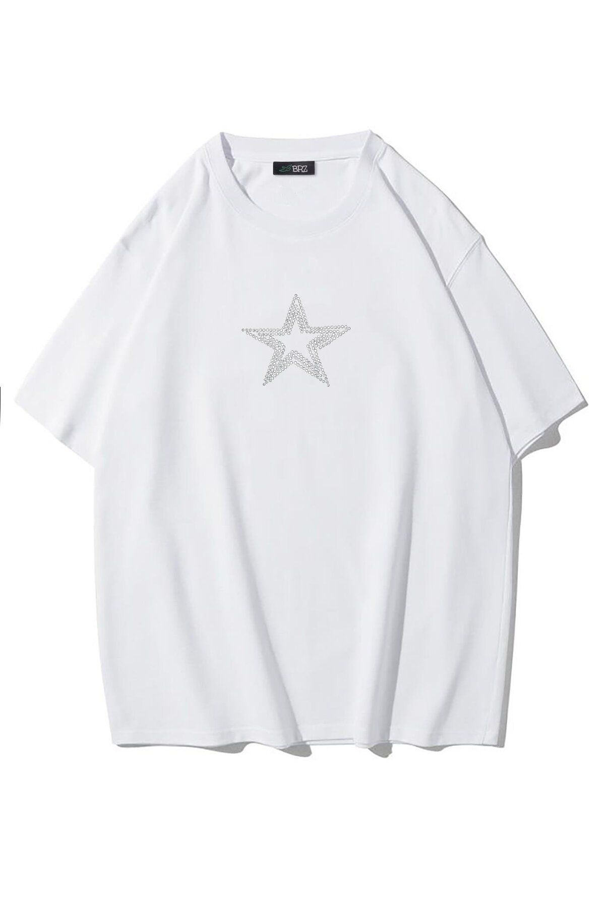 BRZ COLLECTION Unisex Oversize Star Kristal Taş Baskılı T-shirt Beyaz