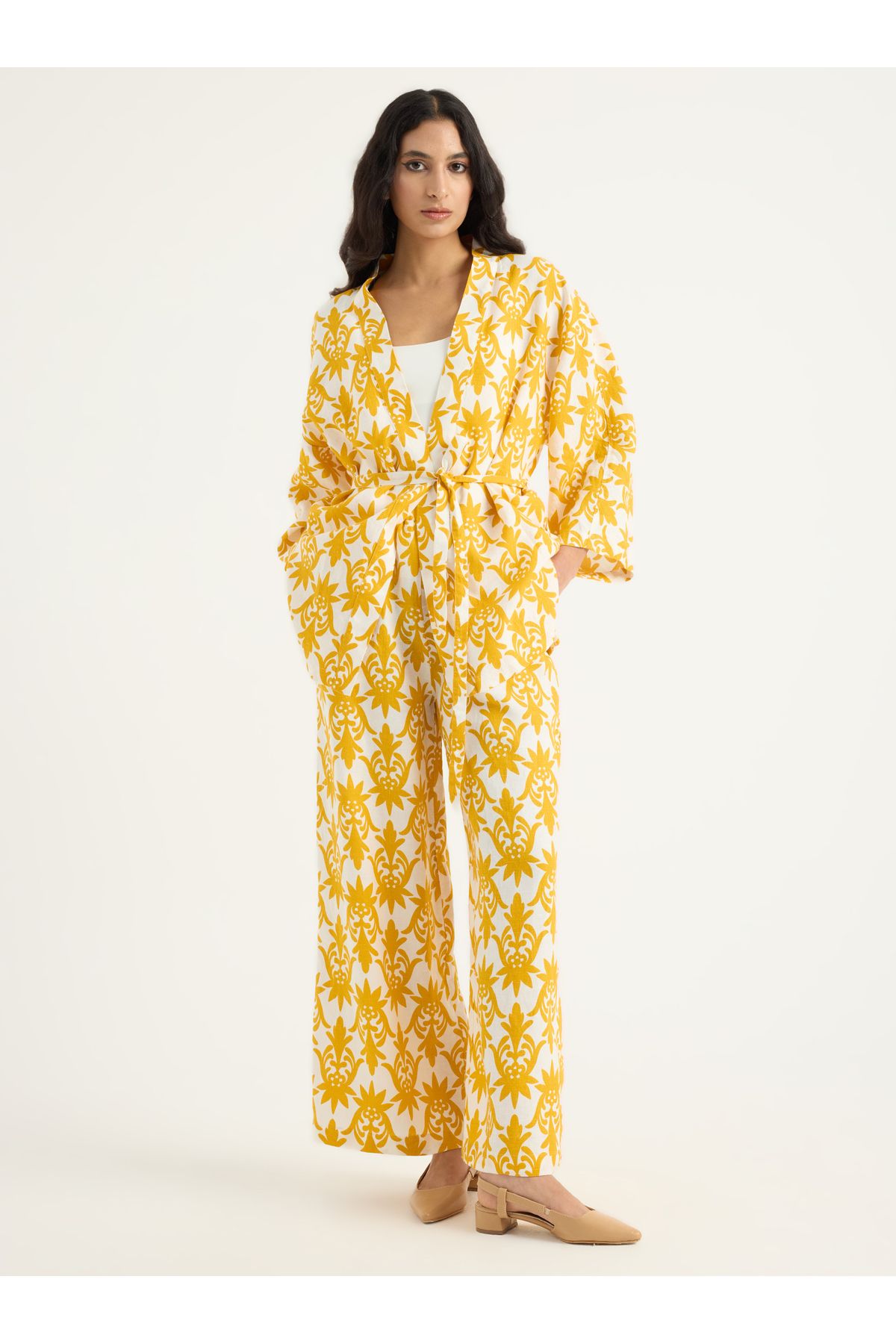 Store Wf %100 Keten Sarı Baskılı Kimono Takım