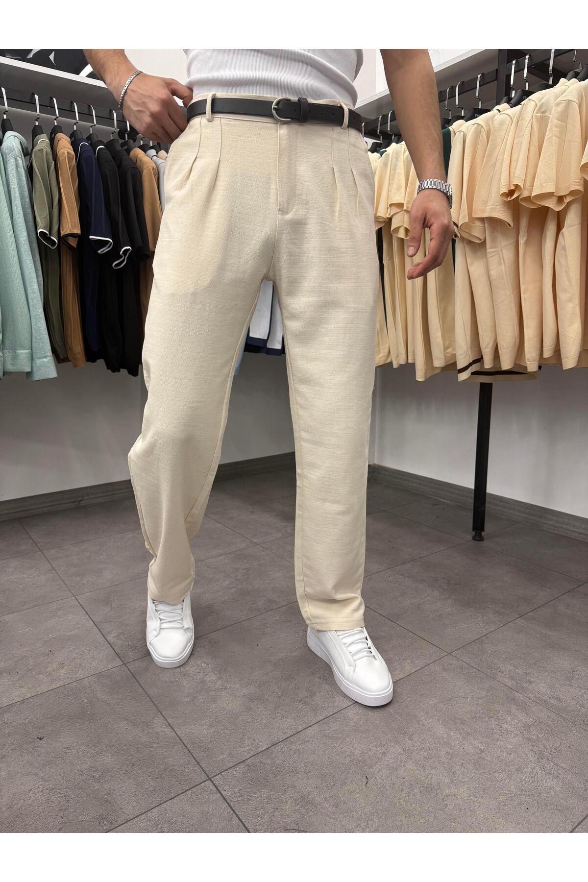 Butik Pileli Baggy Keten Pantolon Krem