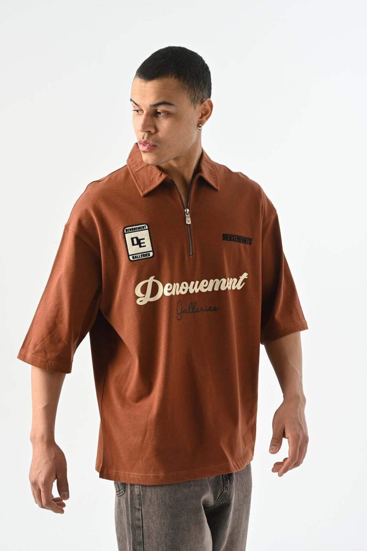 jaceyjace Denouement Yarım Fermuarlı Polo Yaka T-shirt - Kahverengi