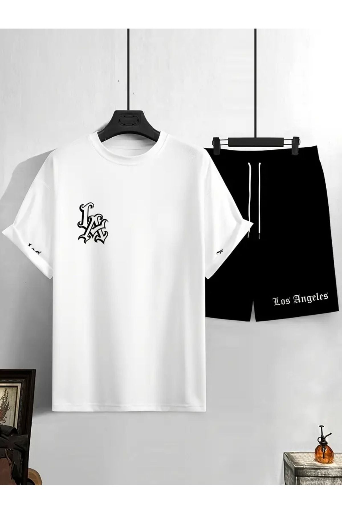 LAND MODA Los Angeles Harf Desenli Erkek Kısa Kollu Tişört ve Şortlu Günlük Spor Takımı
