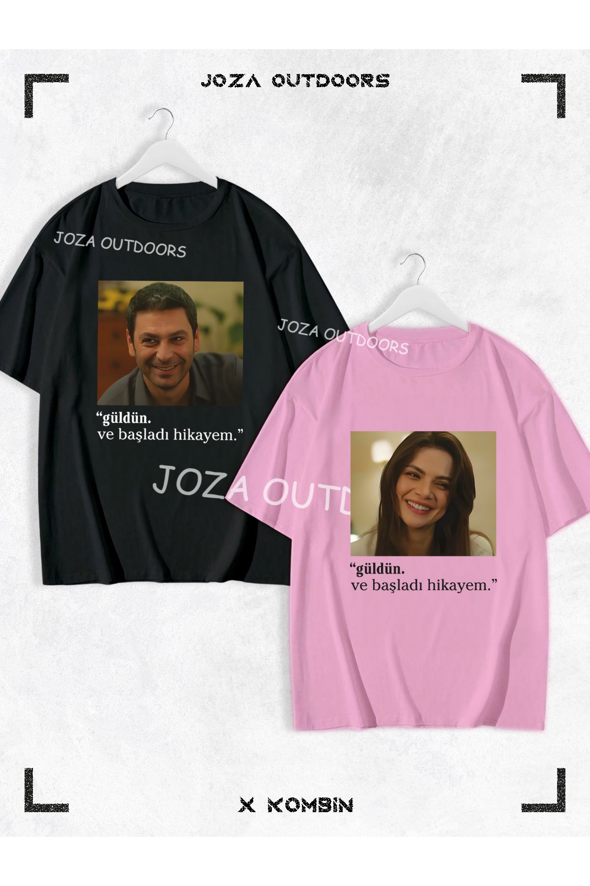 Joza Outdoors Kadın Erkek Unisex Uzak Şehir Alya Cihan Baskı Sevgili Çift Kombini Oversize Renkli Tshirt 2li Takım