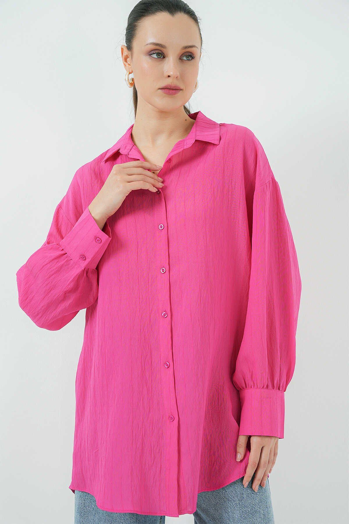 Bigdart Big Dart Çizgili Oversize Gömlek - Fuşya-Fuşya - 36