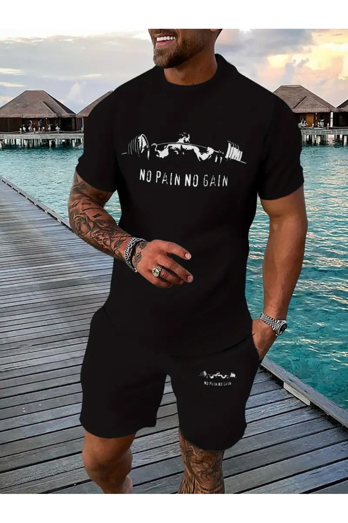 LAND MODA Erkek Yazlık Spor Giyim Seti, 3D Baskılı "Ağrı Yoksa Kazan Yok" Grafik, Nefes Alabilen