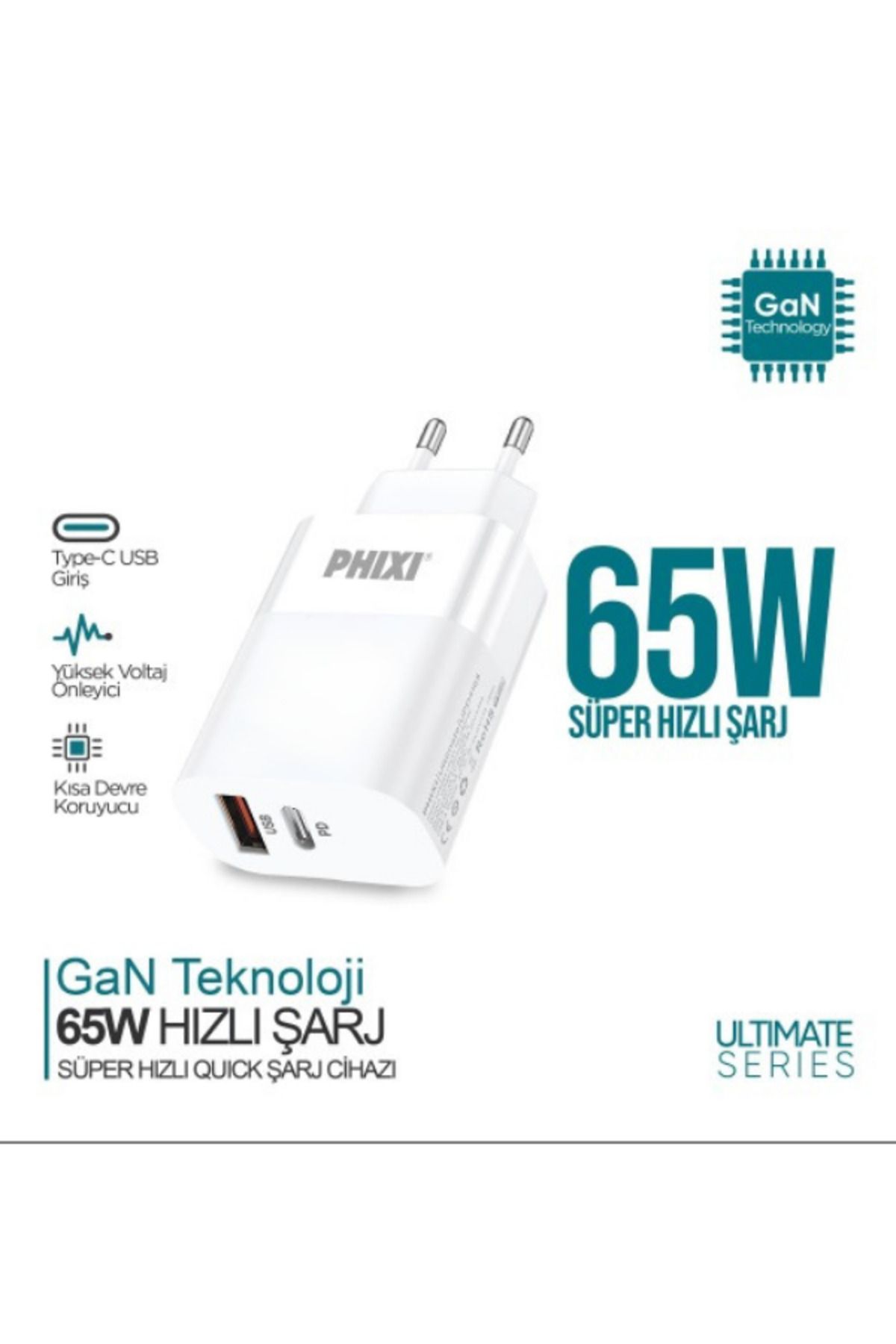 Phixi Ultimate UPD4165 65W PD Çift Çıkışlı Hızlı Şarj Adaptör, Hızlı Şarj Başlığı