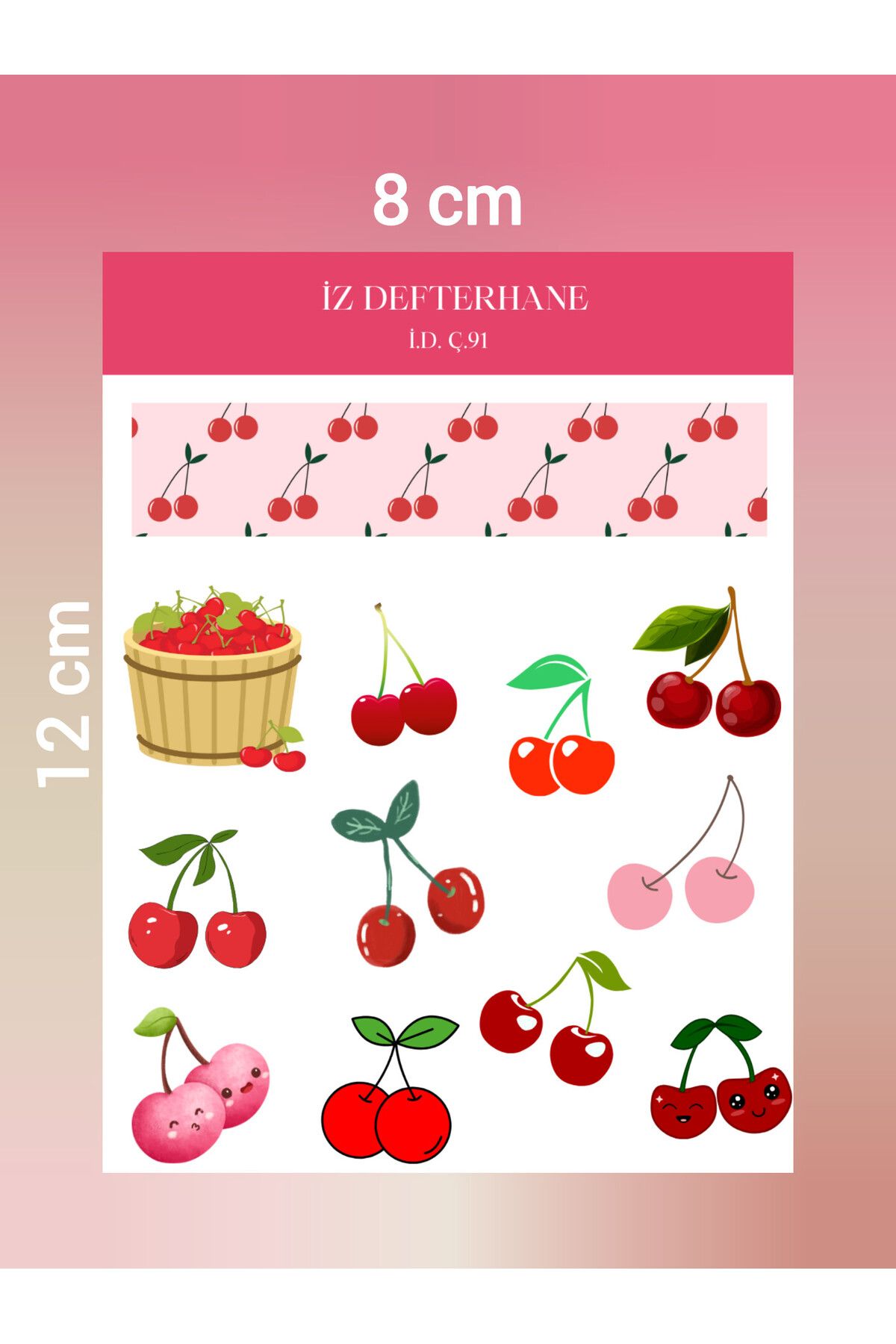 İZ DEFTERHANE Pembe Kırmızı Kiraz Çıkartma Sticker (Defter, ajanda ve planlayıcı için uygun)