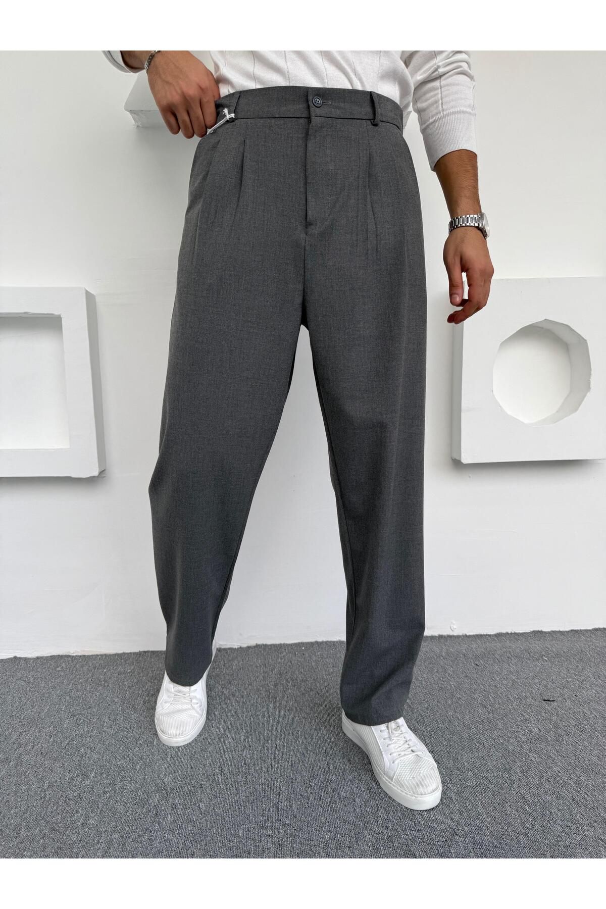 Butik Pileli Baggy Kumaş Pantolon Antrasit