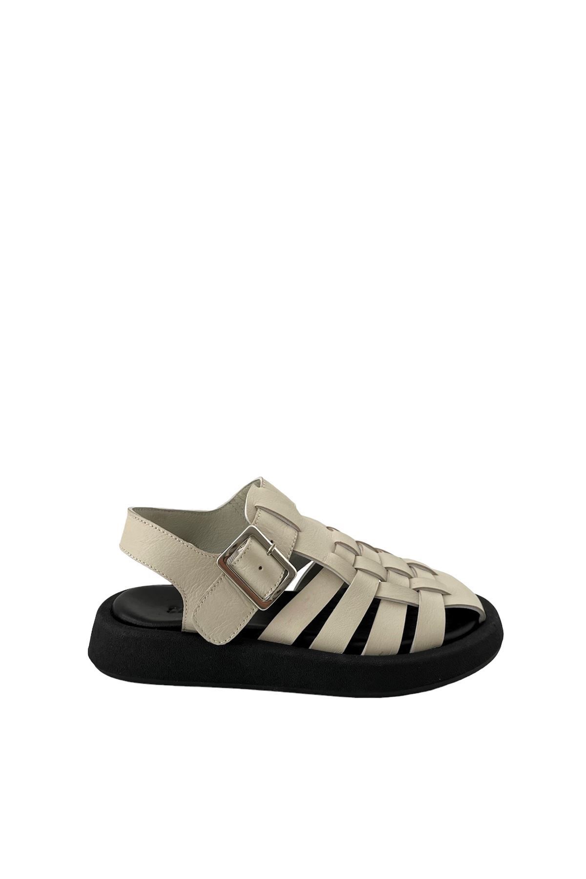 Saracshoes Gerçek Deri Bej Kadın Sandalet Cage